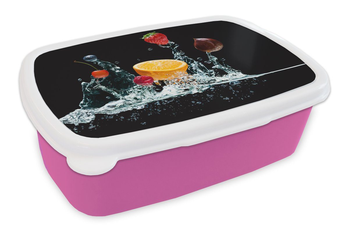 MuchoWow Lunchbox Wasser - Obst - Orange - Erdbeere - Kirsche - Schwarz, Kunststoff, (2-tlg), Brotbox für Erwachsene, Brotdose Kinder, Snackbox, Mädchen, Kunststoff rosa