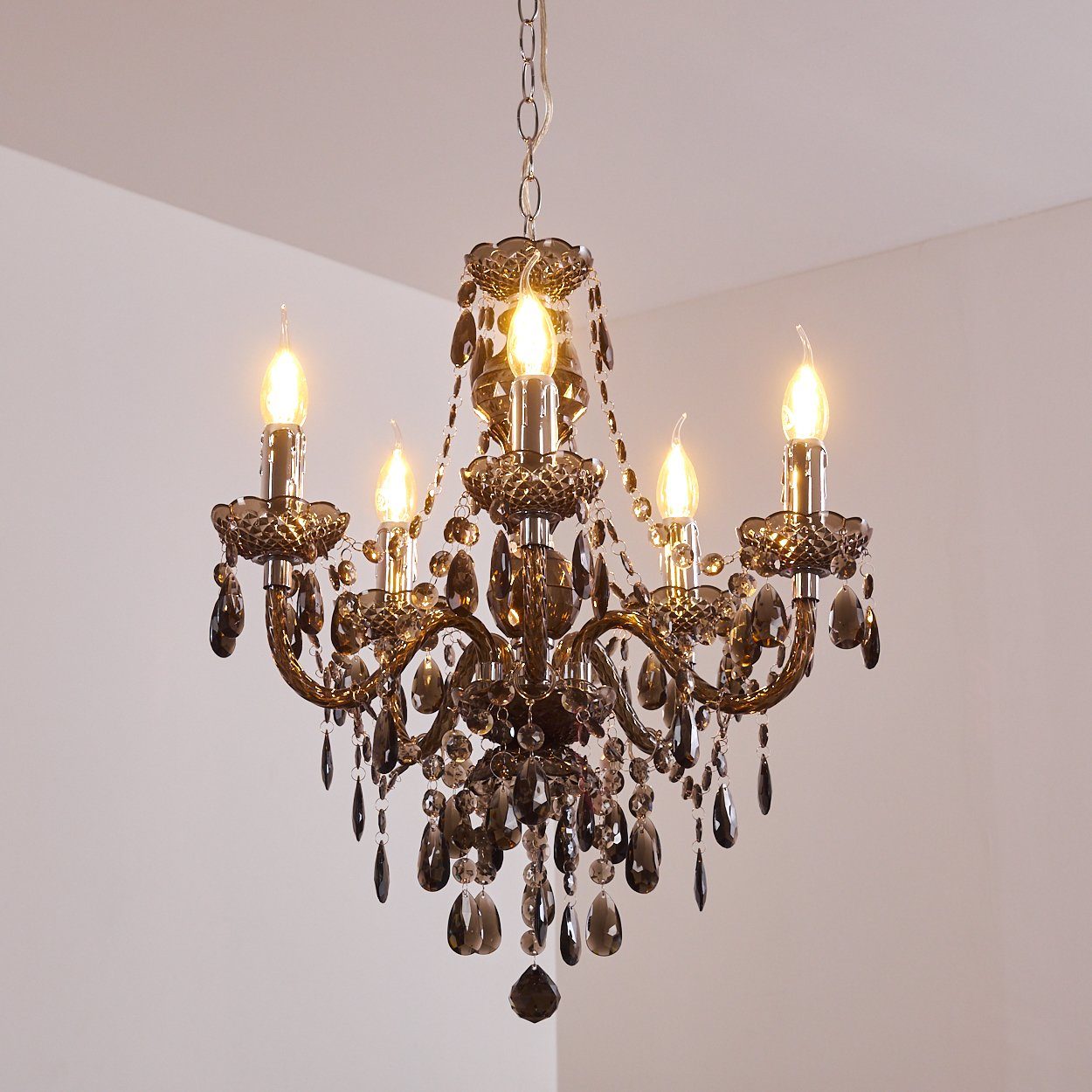 hofstein Kronleuchter »Schine« Hängelampe aus Metall in Schwarz, ohne Leuchtmittel, 5xE14 je 40 Watt, klassische mit Zierkristallen, Vintage/Retro Design