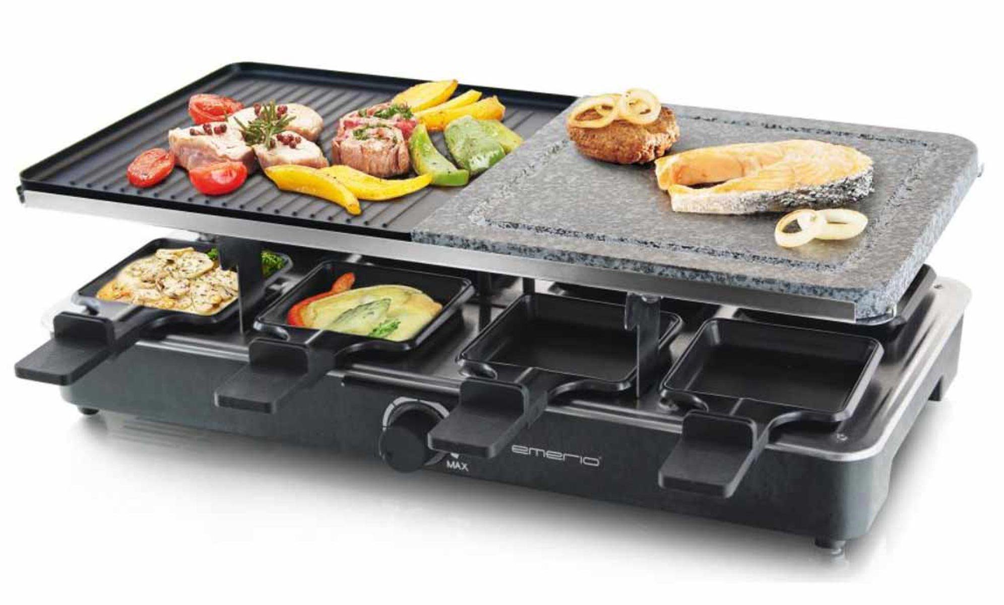 Emerio Raclette RG-110035 heißer Stein, 8 Raclettepfännchen, 1400 W