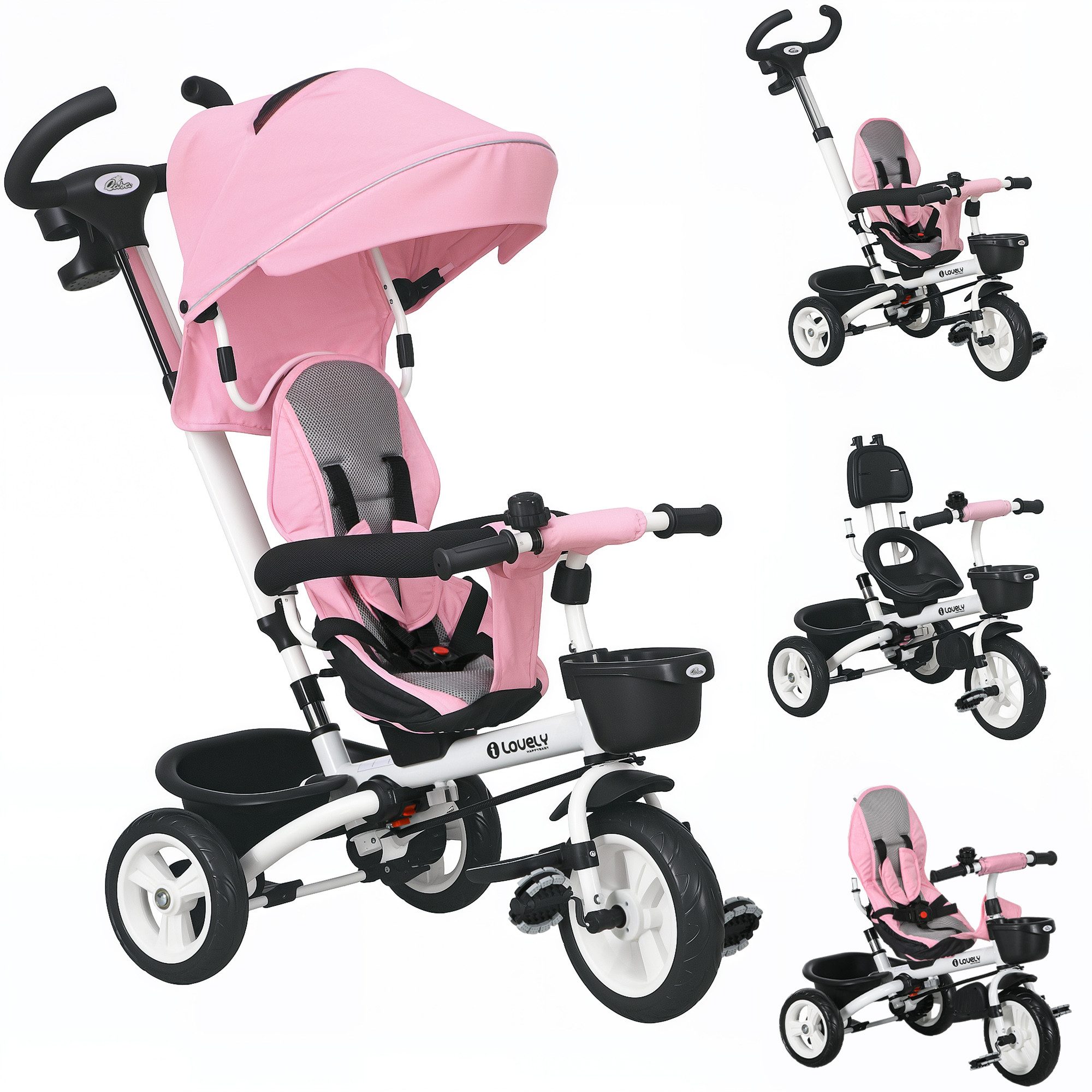 HOMCOM Dreirad 6 in 1 Kinderdreirad, vorwärts/rückwärts, Korb+Getränkehalter, für 1-5 Jahre Kinder, Rosa