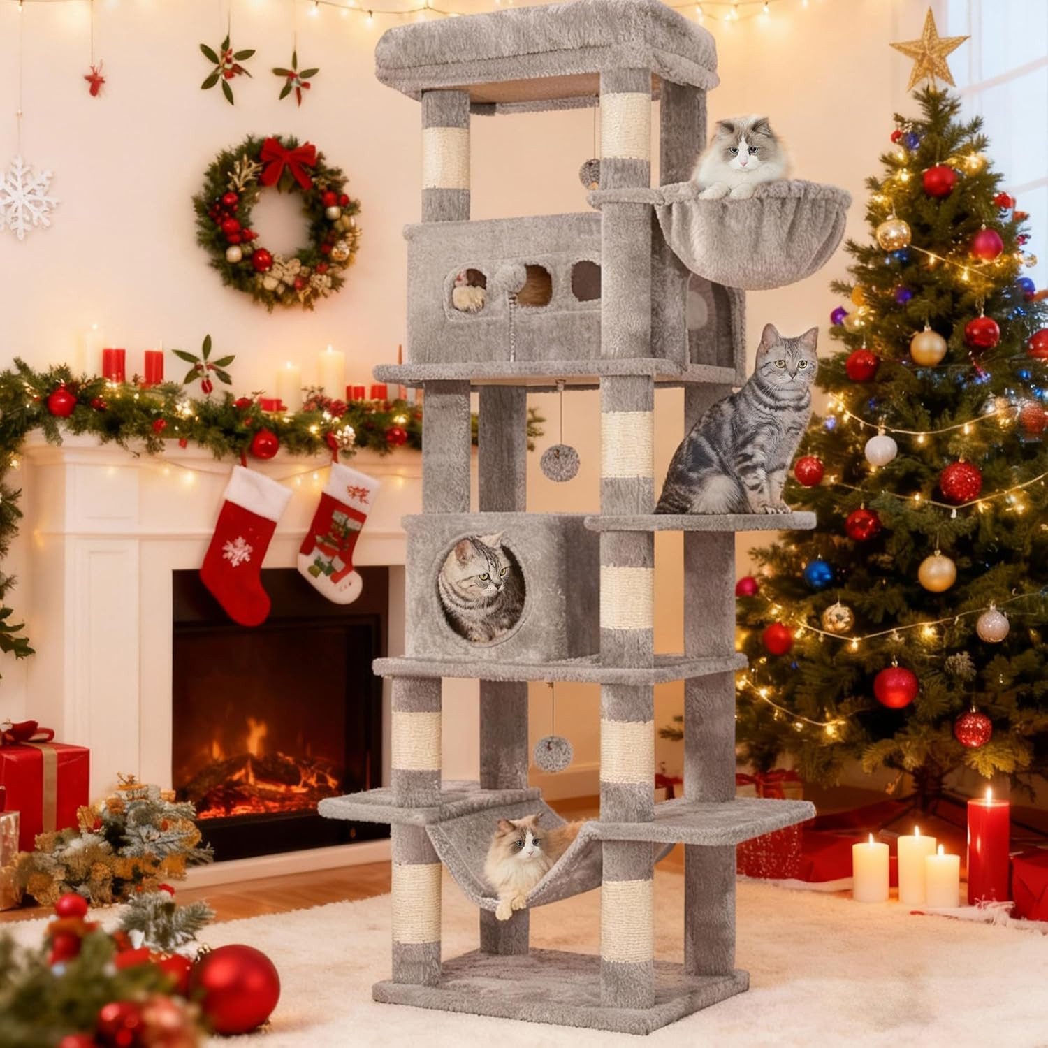 Athlix Katzenhaus Katzen Kratzbaum 170cm Katzenturm für Hauskatzen Katzenhaus mehrstufig, 6 Ebenen, 8 Sisal-Kratzstämme, bis 6 Katzen