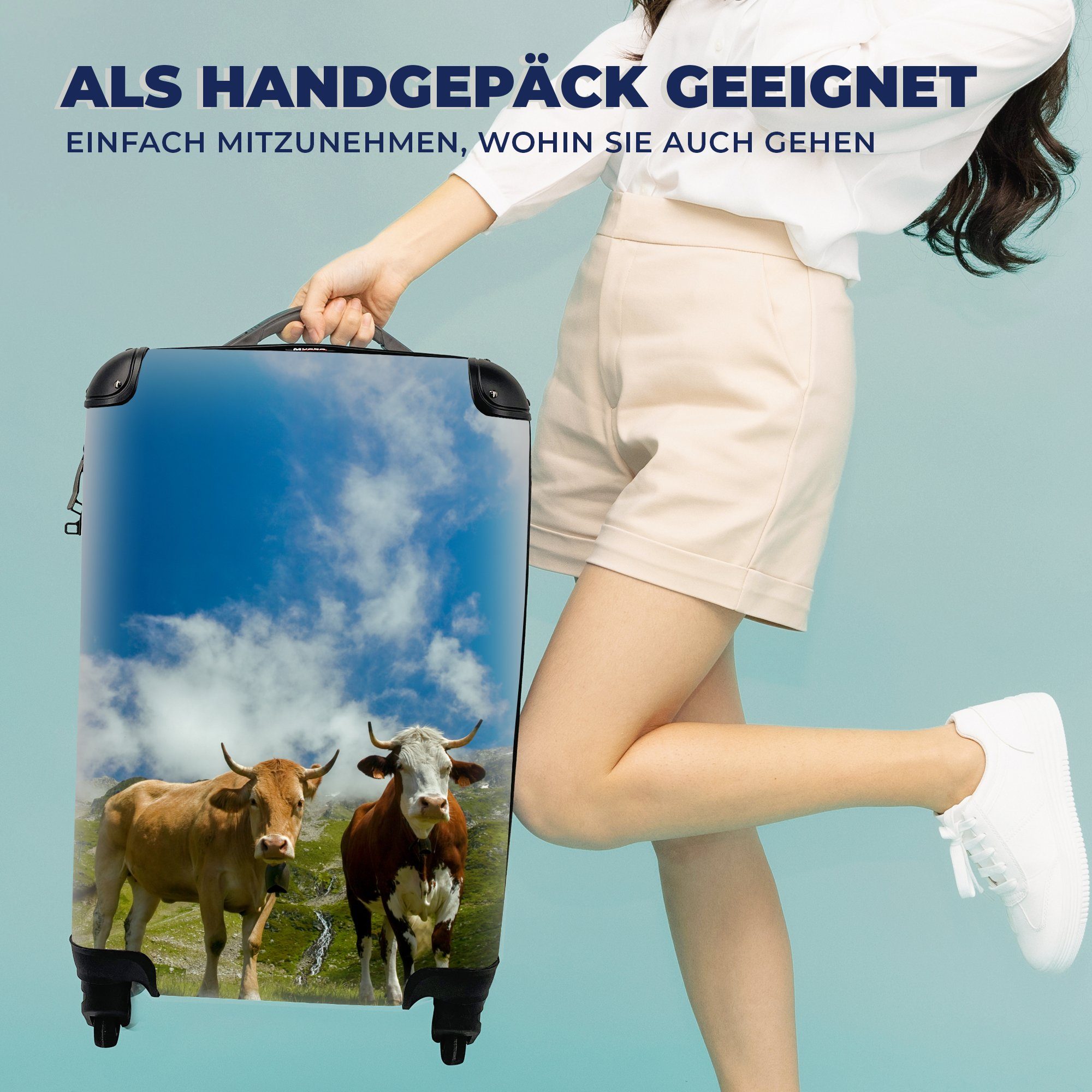 MuchoWow Handgepäckkoffer - für Gras, - Reisetasche rollen, 4 Alpen Rollen, Ferien, mit Reisekoffer Handgepäck Trolley, Kühe