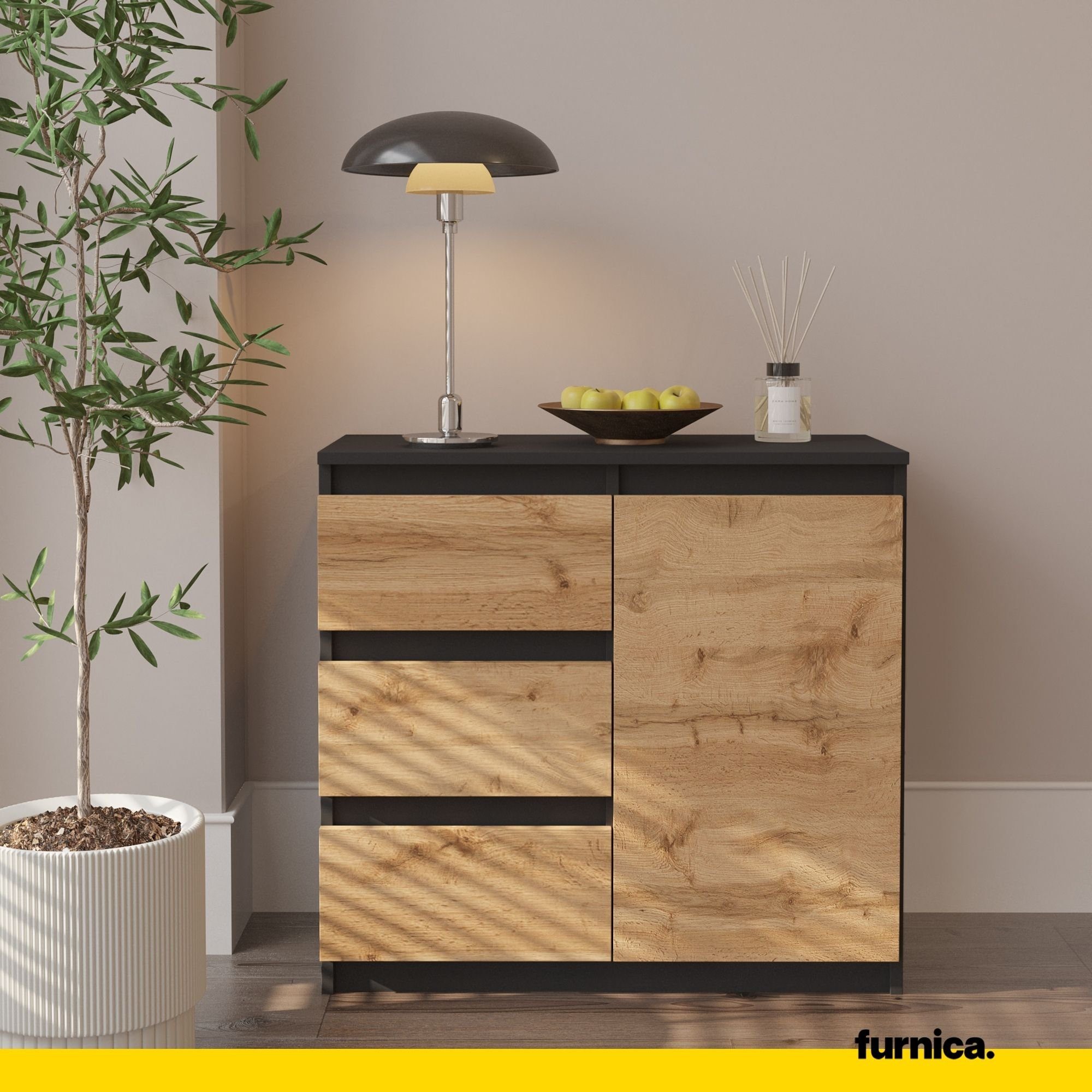 Furnica Kommode MIKEL, 3 Schubladen und 1 Tür - Anthrazit Grau H75cm B80cm T35cm (1 St)