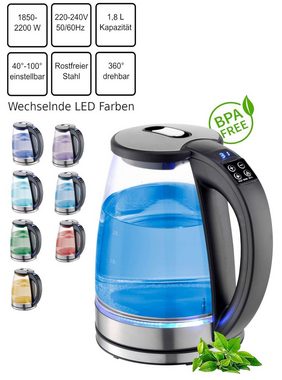 ecosa Wasserkocher EO-610, 1,8 l, 2200 W, Temperatureinstellung,LED-Beleuchtung,Edelstahl,BPA-frei,Farbwechsel