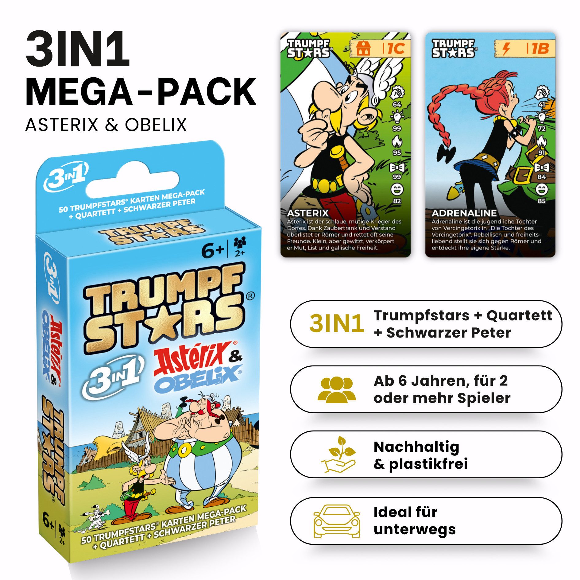 Gomazing Spiel Trumpfstars Asterix & Obelix, Kartenspiel, 3in1: Trumpfspiel, Quartett und SchwarzerPeter