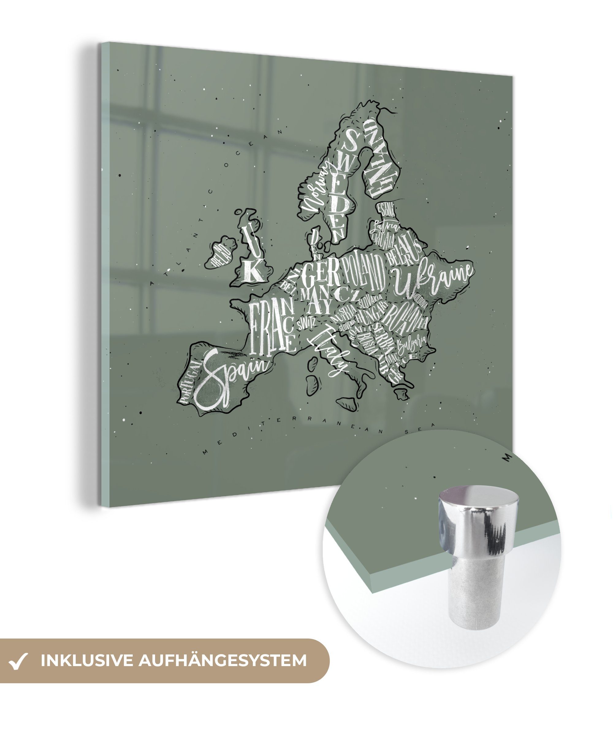 MuchoWow Acrylglasbild Karte - Europa - Grau - Buchstaben, (1 St), Glasbilder - Bilder auf Glas Wandbild - Foto auf Glas - Wanddekoration