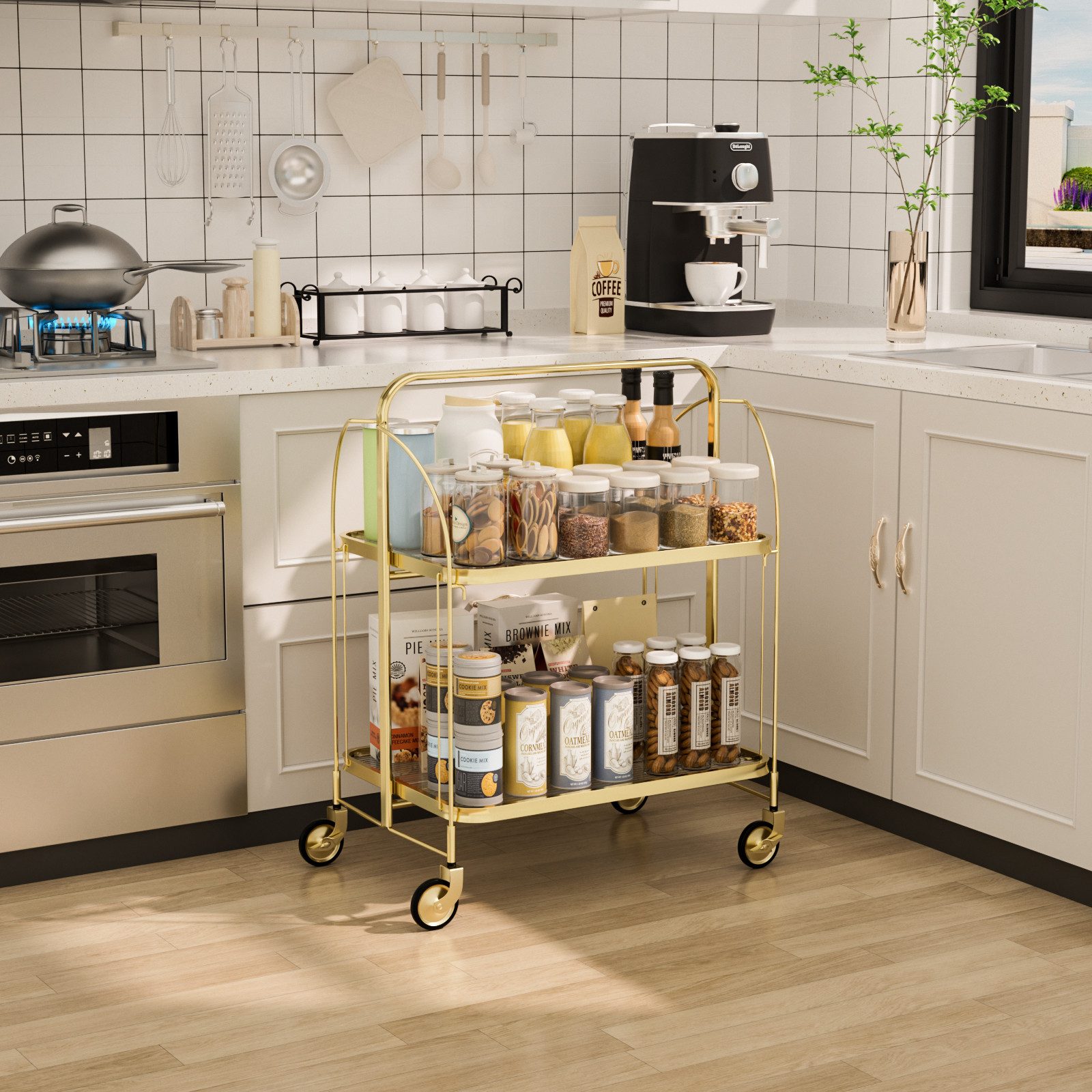 PFCTART Servierwagen Faltbarer Servierwagen mit Rollen aus Sicherheitsglas, (Set, 1 St., 68×40×80 cm Barwagen für Küche, Esszimmer & Wohnzimmer), Teilweise & vollständig klappbar, 2 Rollen mit Bremse
