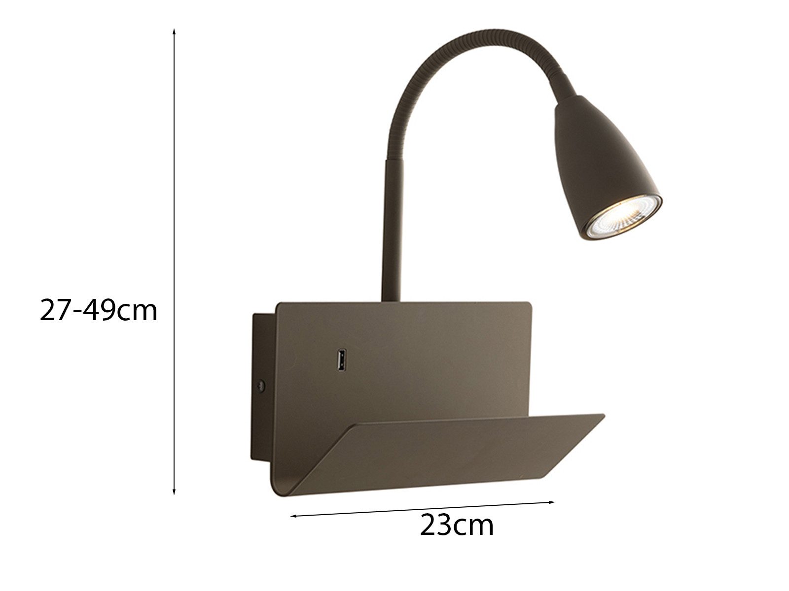 Luce Ambiente Design LED Wandleuchte mit Ablage & USB Ladefunktion,B. 23cm, USB-Ladefunktion, LED wechselbar, warmweiß, Wandlampe mit Schalter für Bett Nachttisch Schwanenhals Leselampe Wand