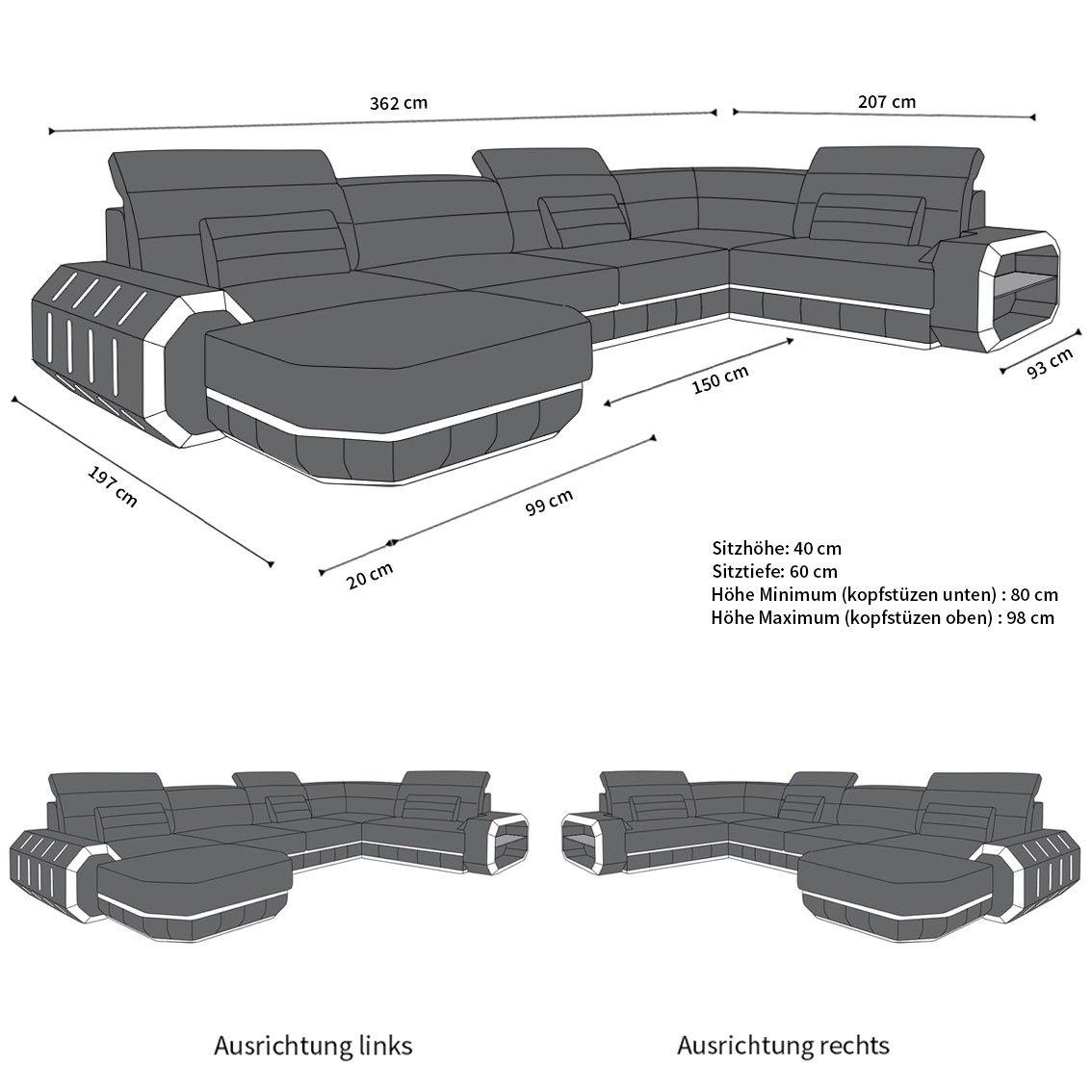 Sofa mit Designer Stoffsofa, dunkelgrau-weiß Dreams Stoff wahlweise Roma Couch Schlaffunktion Polster Form Sofa Wohnlandschaft Strukturstoff H U