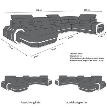 Sofa Dreams Wohnlandschaft Sofa Ledercouch Leder Roma U Form Ledersofa, Couch, mit LED, wahlweise mit Bettfunktion als Schlafsofa, Designersofa