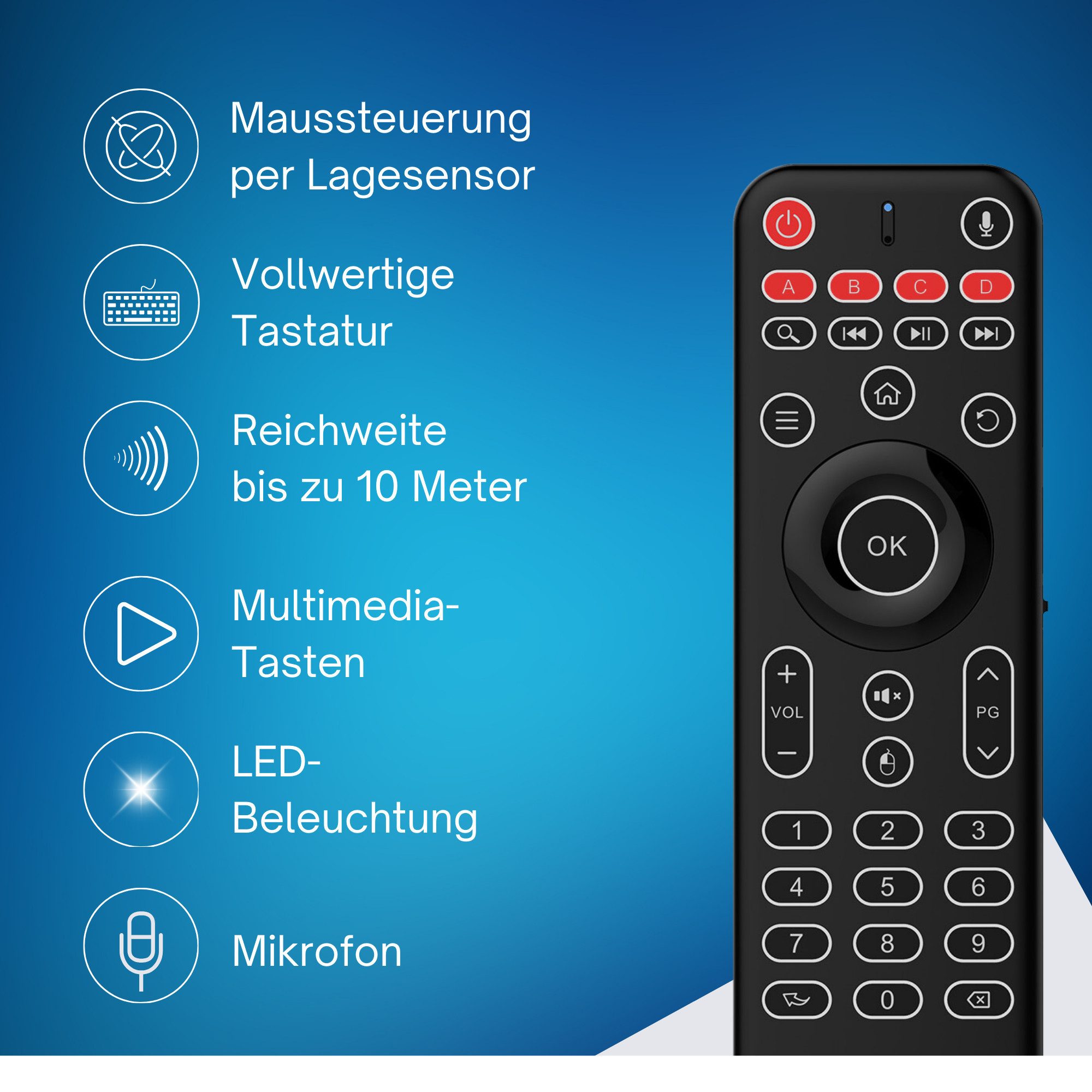 Orbsmart AM-1 Pro Airmouse Fernbedienung mit Wireless-Tastatur (kabellos, deutsches Layout (QWERTZ), LED-Beleuchtung, Mikrofon)