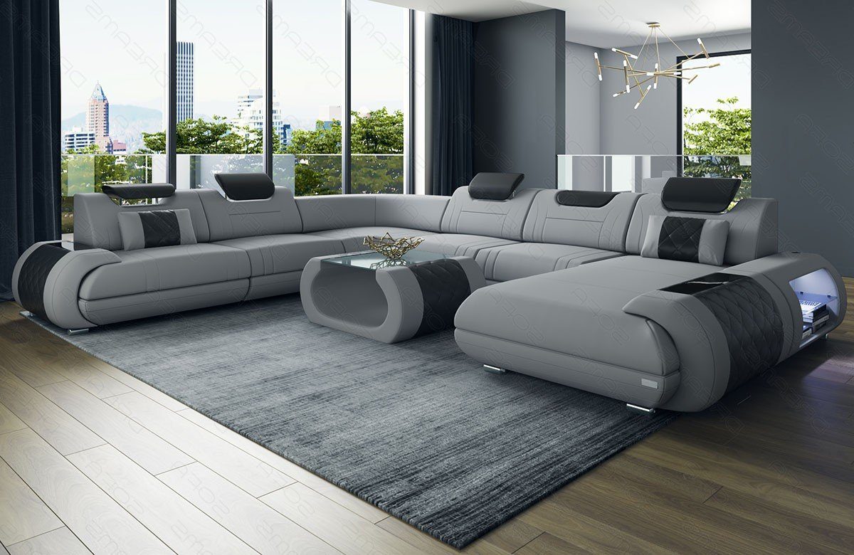 Sofa Mikrofaser hellgrau-schwarz Couch M wahlweise Bettfunktion Stoff Stoffsofa, Polsterstoff Dreams Rimini mit Wohnlandschaft XXL Sofa