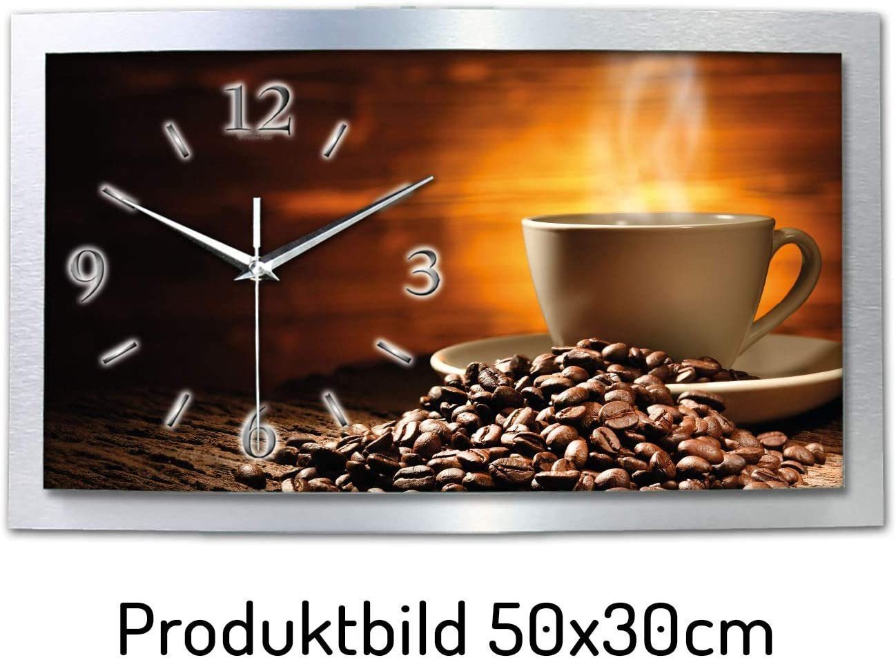 Kreative Feder Wanduhr 3D Designer-Wanduhr „Kaffee“ aus gebürstetem Aluminium (3D-Wölbung; einzigartiges Zwei-Platten-Design; flüsterleises Uhrwerk)