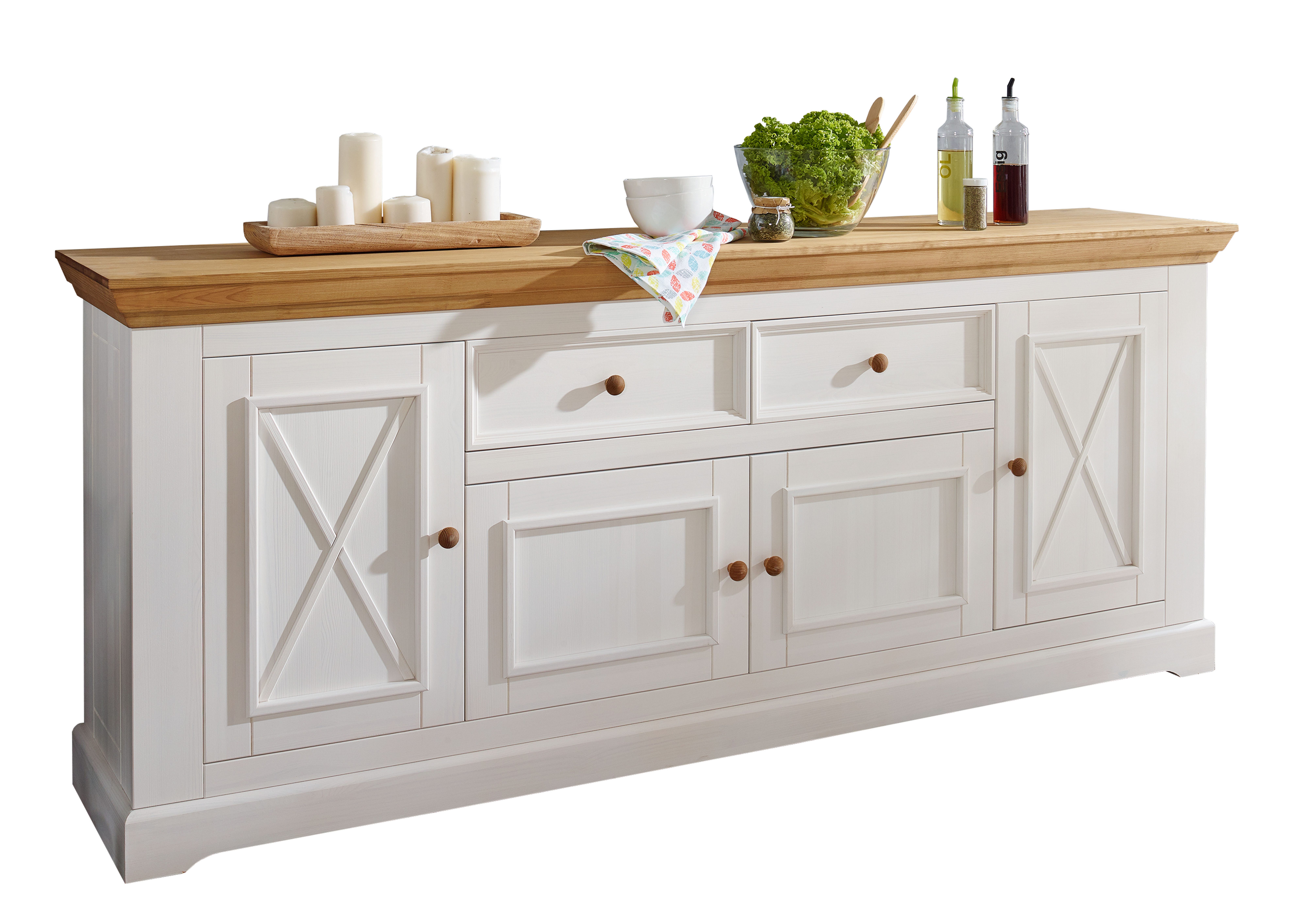 Woodroom Sideboard Oslo (Maße: 209 × 88 × 42 cm), massive Kiefer weiß gewachst