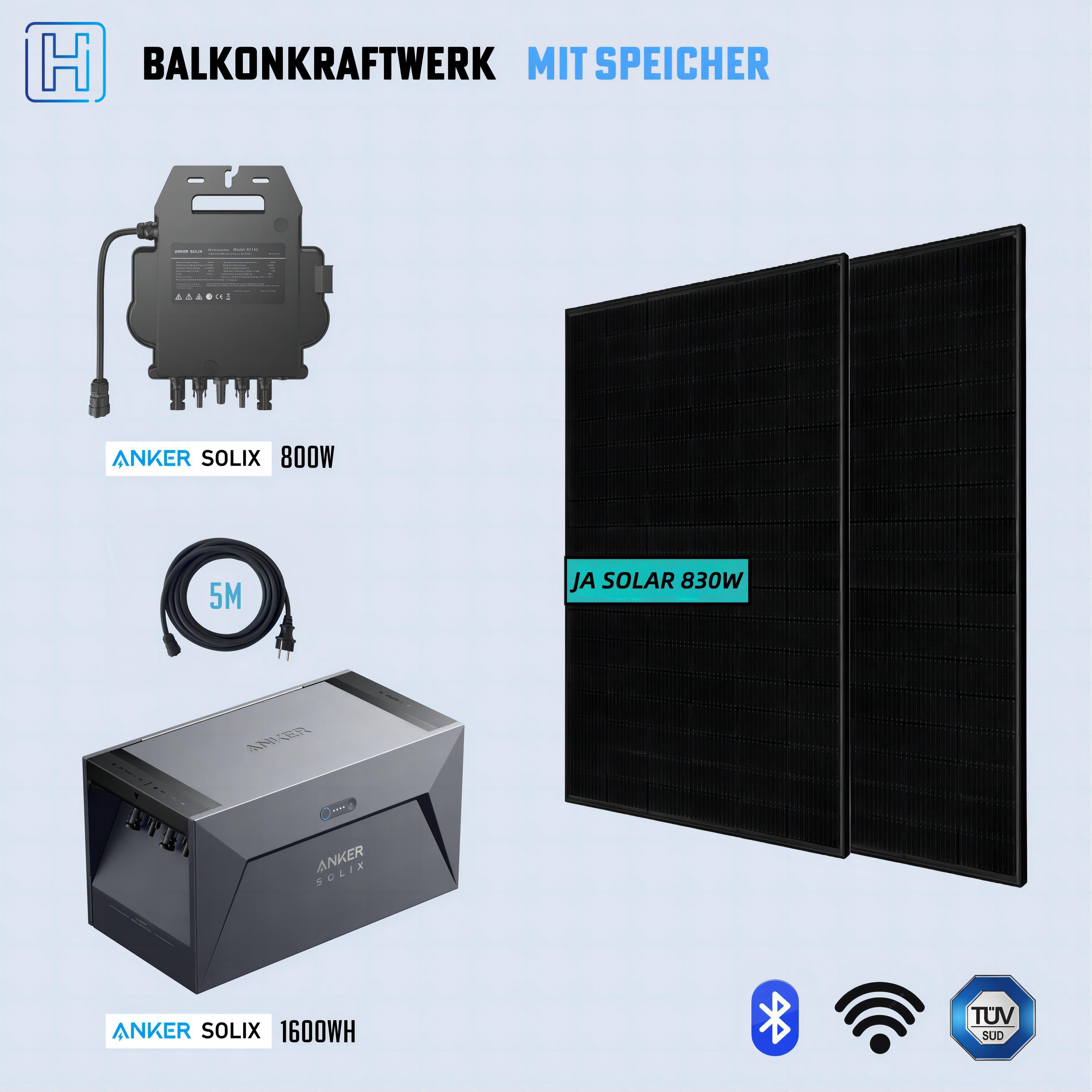 Anker Solaranlage Balkonkraftwerk 830W Anker Solix Solution, Monokristallin, (1600Wh Speicher E1600+ Anker MI80+5M Kabel)