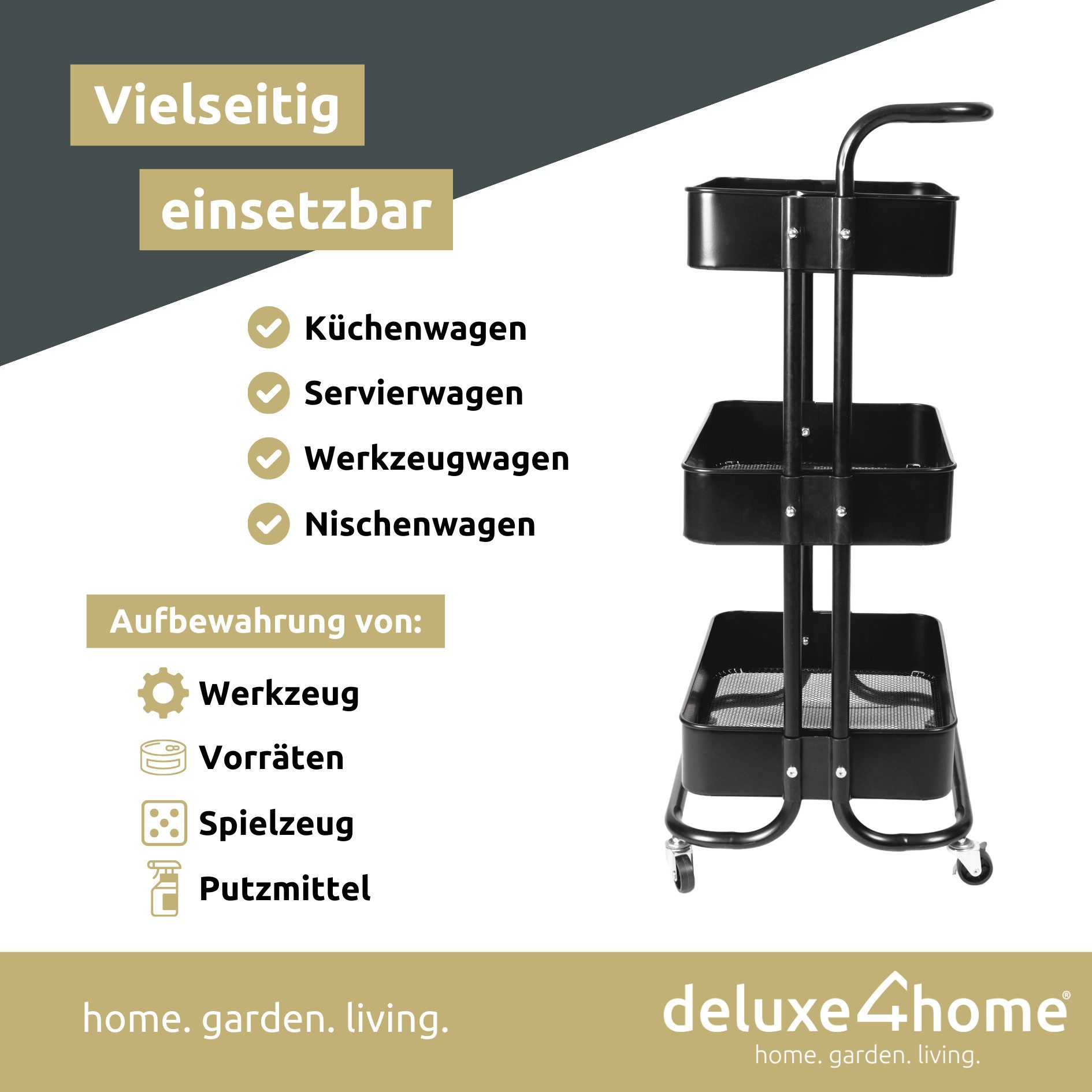 deluxe4home Rollwagen Küchenwagen mit 3 Ablagen I Aufbewahrung Mehrzweckwagen, Rollbar