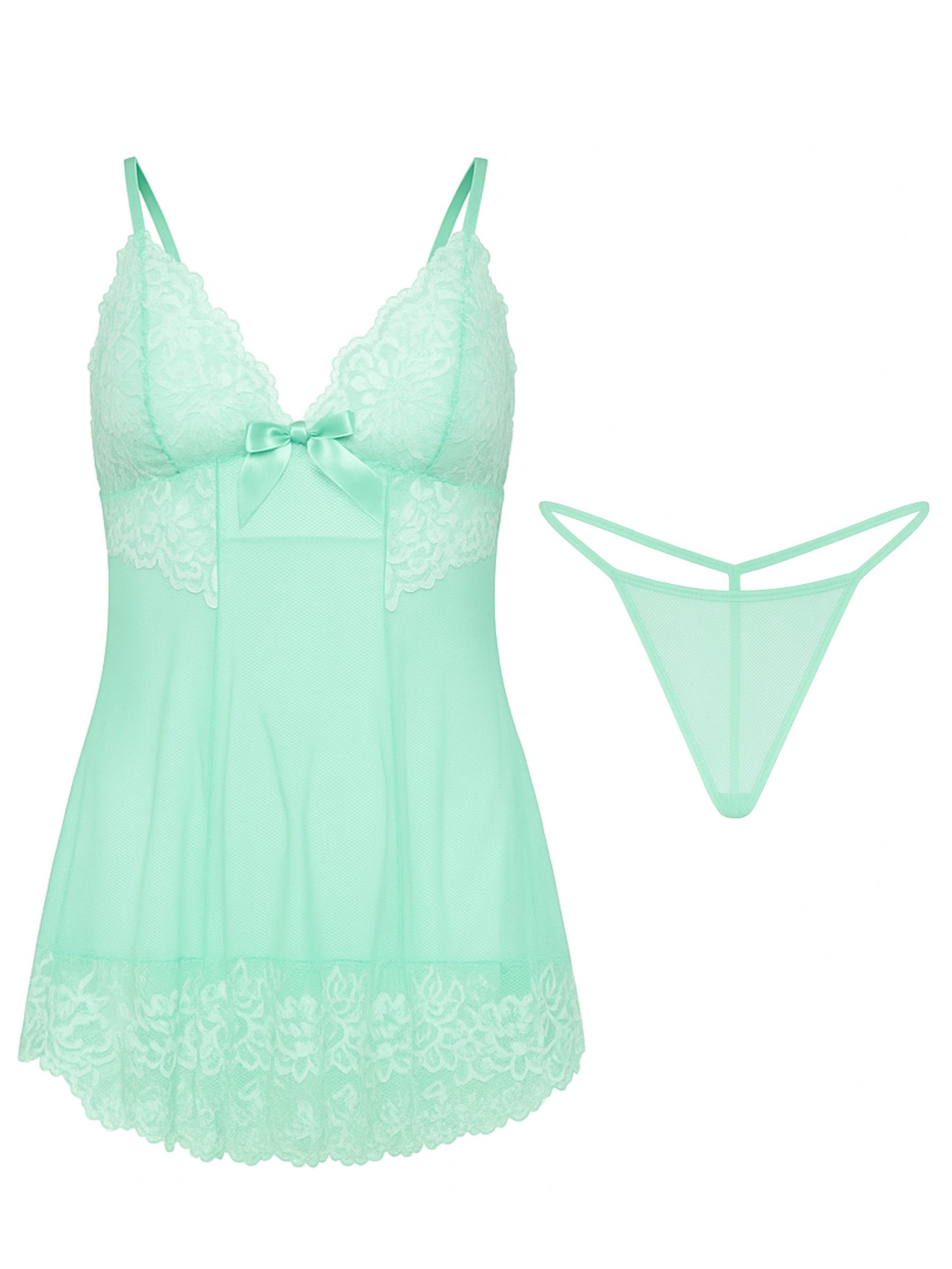 Elegant Love Schlafanzug Rückenfreies Negligé mit Blumenstickerei – Dessous-Set mit G-String (Set, 2 tlg., mit String) Sexy Babydoll mit V-Ausschnitt – Nachtwäsche mit Spitze und Tanga