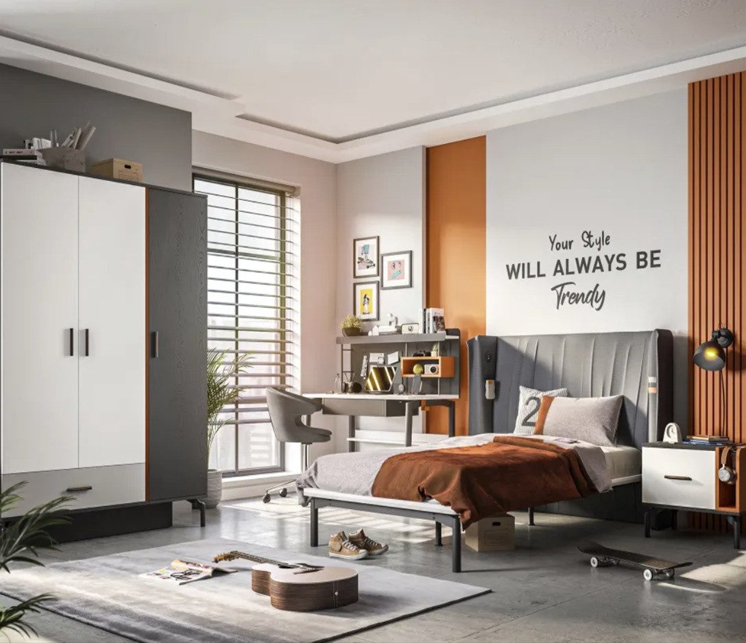 Möbel-Zeit Bücherregal TREND – Schwarz/Weiß/Grau/Orange – 6 offene Fächer & 2 Türen