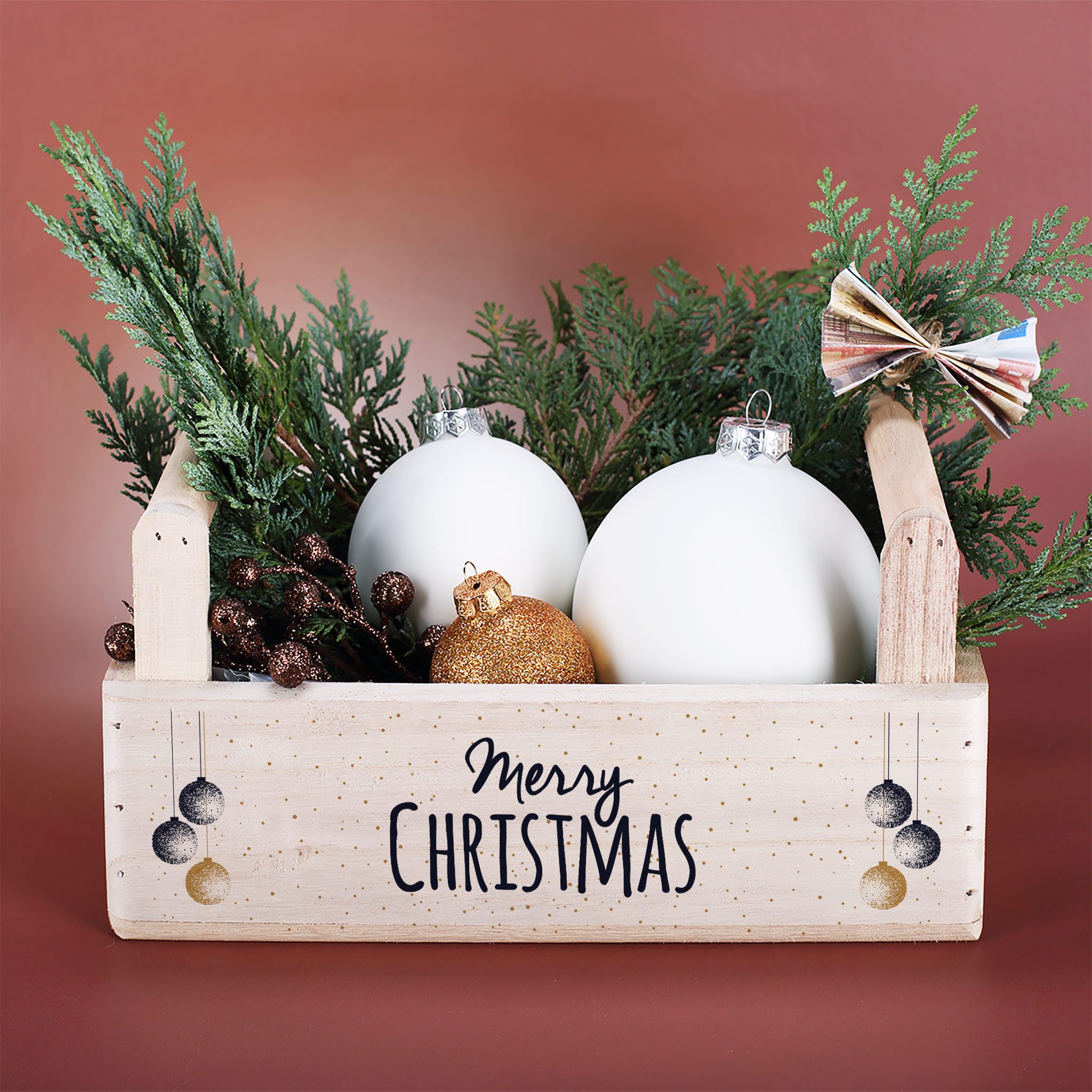 Herz & Heim Geschenkbox zu Weihnachten oder Nikolaus - Holzkorb für Weihnachtsgeschenke, mit Holzgriffen