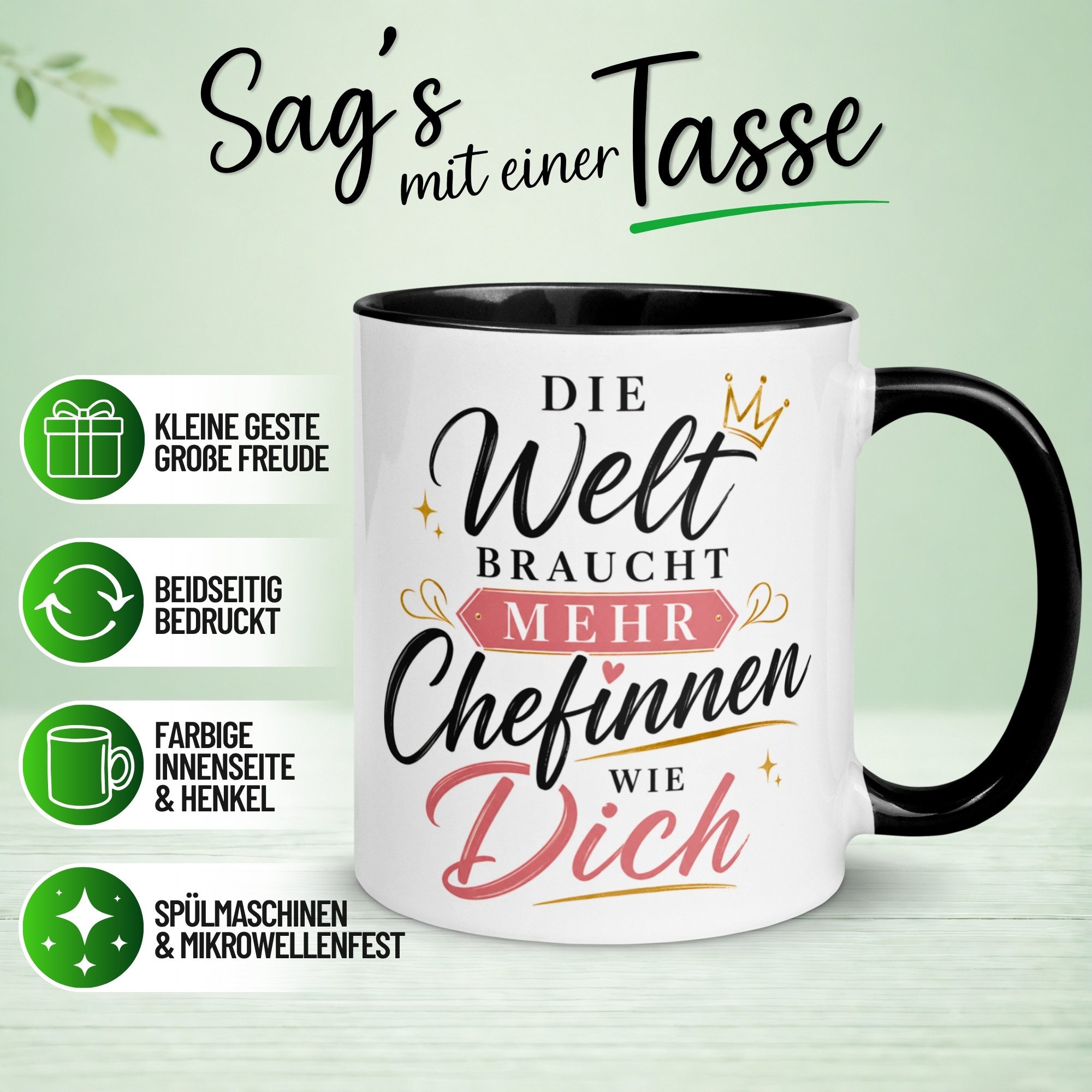 Momentals Tasse Chefin – „Die Welt braucht mehr Chefinnen wie Dich“ – Geschenk Becher, Gratis Versand · Links-&Rechtshänder · Spülmaschinenfest