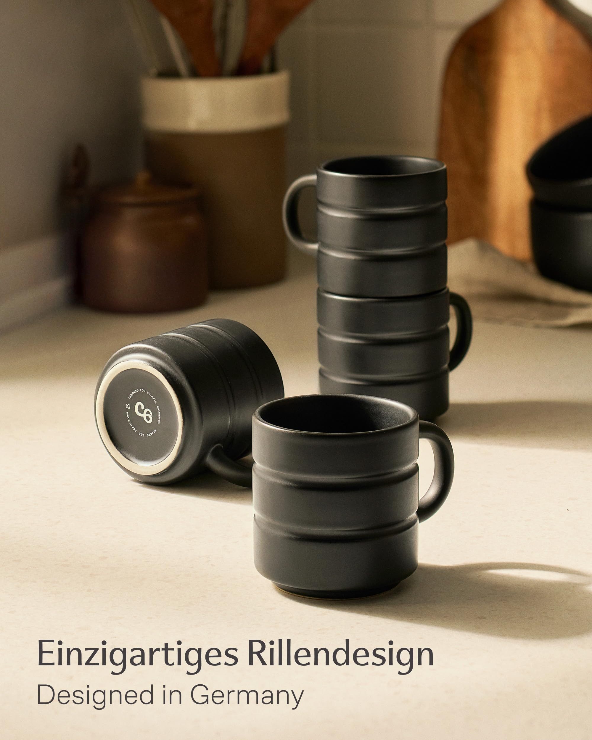 Cosumy Tasse Kaffeetassen Set 4 St. horizontal stapelbar Keramik - Rillenoptik, 4-tlg., Keramik, horizontal stapelbar, Rillenoptik, dickwandige Keramik, 4er-Set – Bild 5 von 5