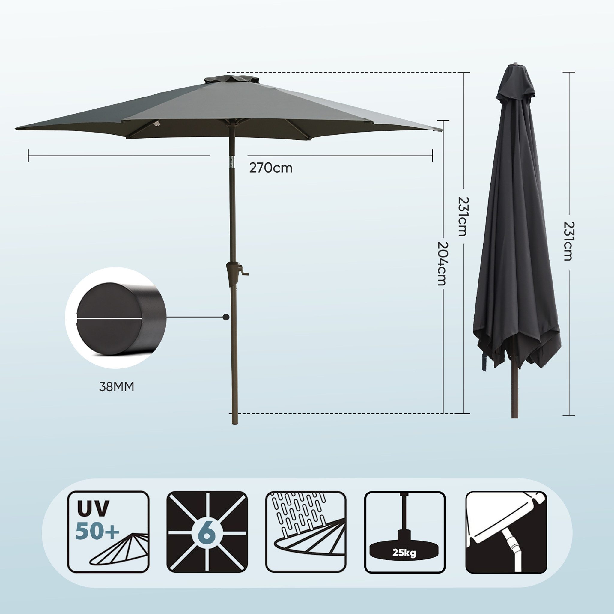 Sekey Sonnenschirm ø 200/270/300 cm Gartenschirm Rund, Marktschirm Knickbar, mit Kurbel, LxB: 270x300 cm, sonnenschirm 270cm, Neigungswinkel, für Balkon Garten, – Bild 5 von 5