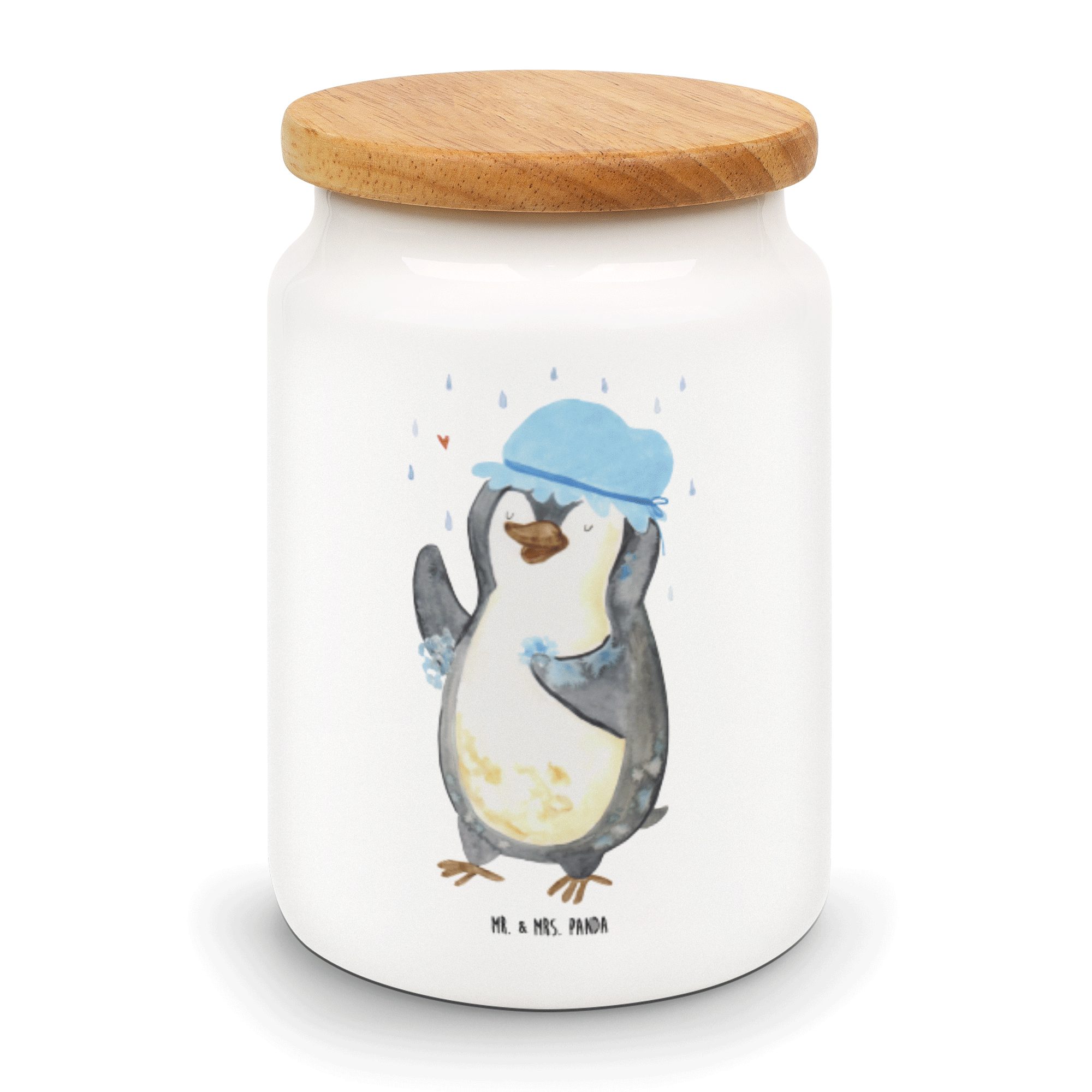 Mr. & Mrs. Panda Vorratsdose Pinguin duscht - Weiß - Geschenk, Neuanfang, Leckerlidose, duschen, D, Keramik, (1-tlg)