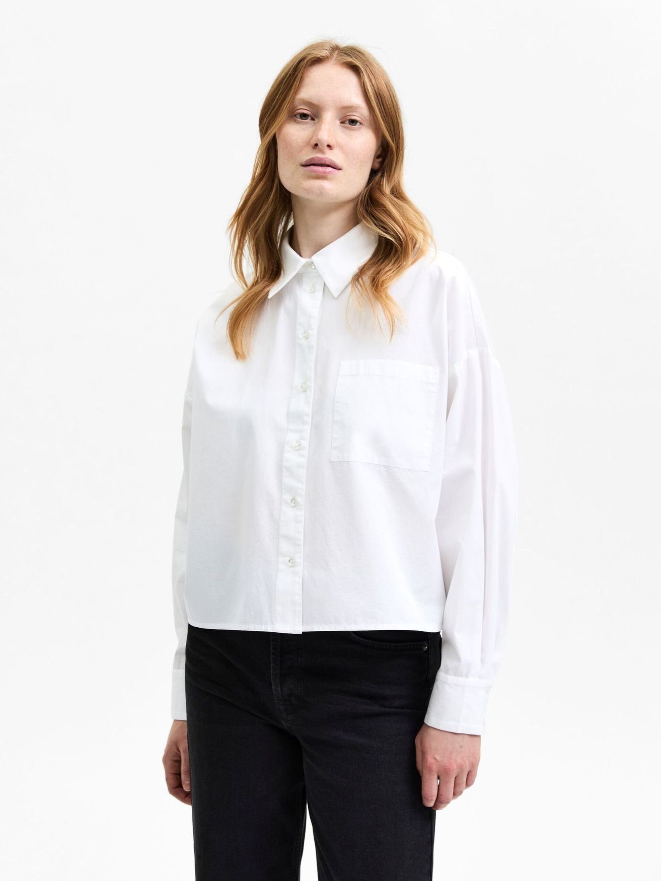 Cropped Hemd Baumwolle FEMME aus Basic (1-tlg) Blusenshirt Weiß Bluse Langarm 4186 in SELECTED SLFREKA