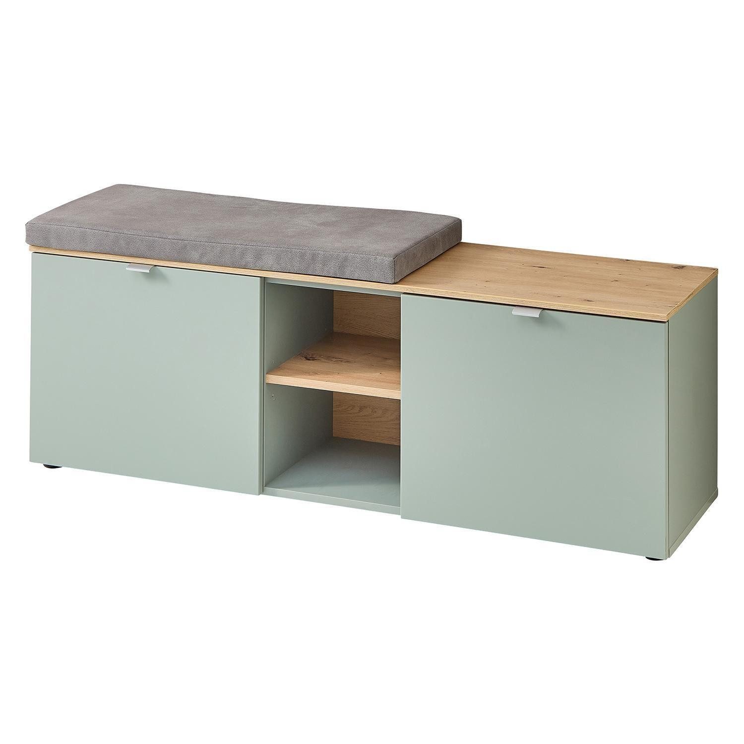 Innostyle Sitzbank BARI, Artisan Eiche Dekor, Schilfgrün, 2 Türen, 2 Ablageflächen, mit Sitzkissen, B 128 x H 50 x T 38 cm