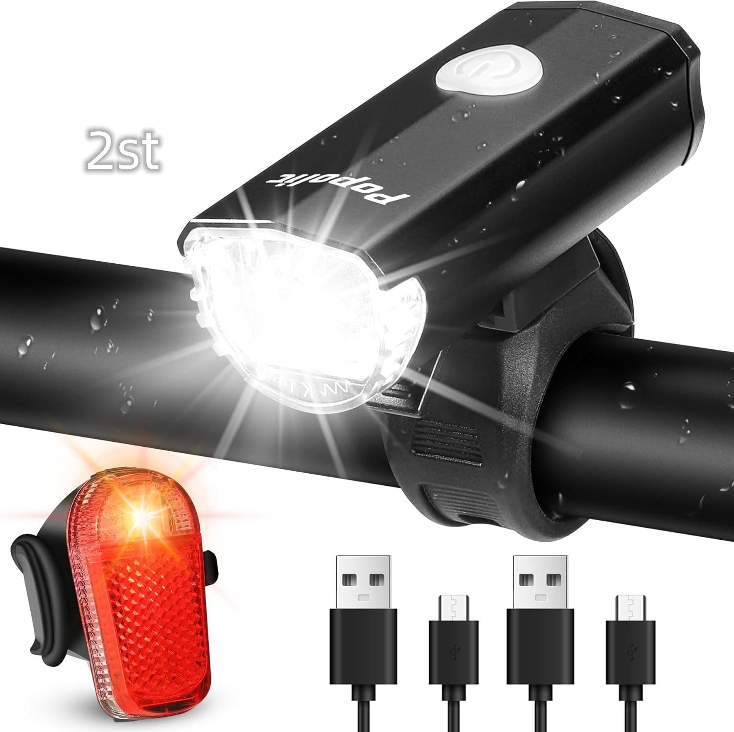 POPOLIC Fahrradbeleuchtung Fahrradlicht Set LED StVZO-30/15 LUX Fahrradbeleuchtung Set, 360° Beleuchtung-IPX4 Wasserdicht mit USB Akku Fahrradlampe