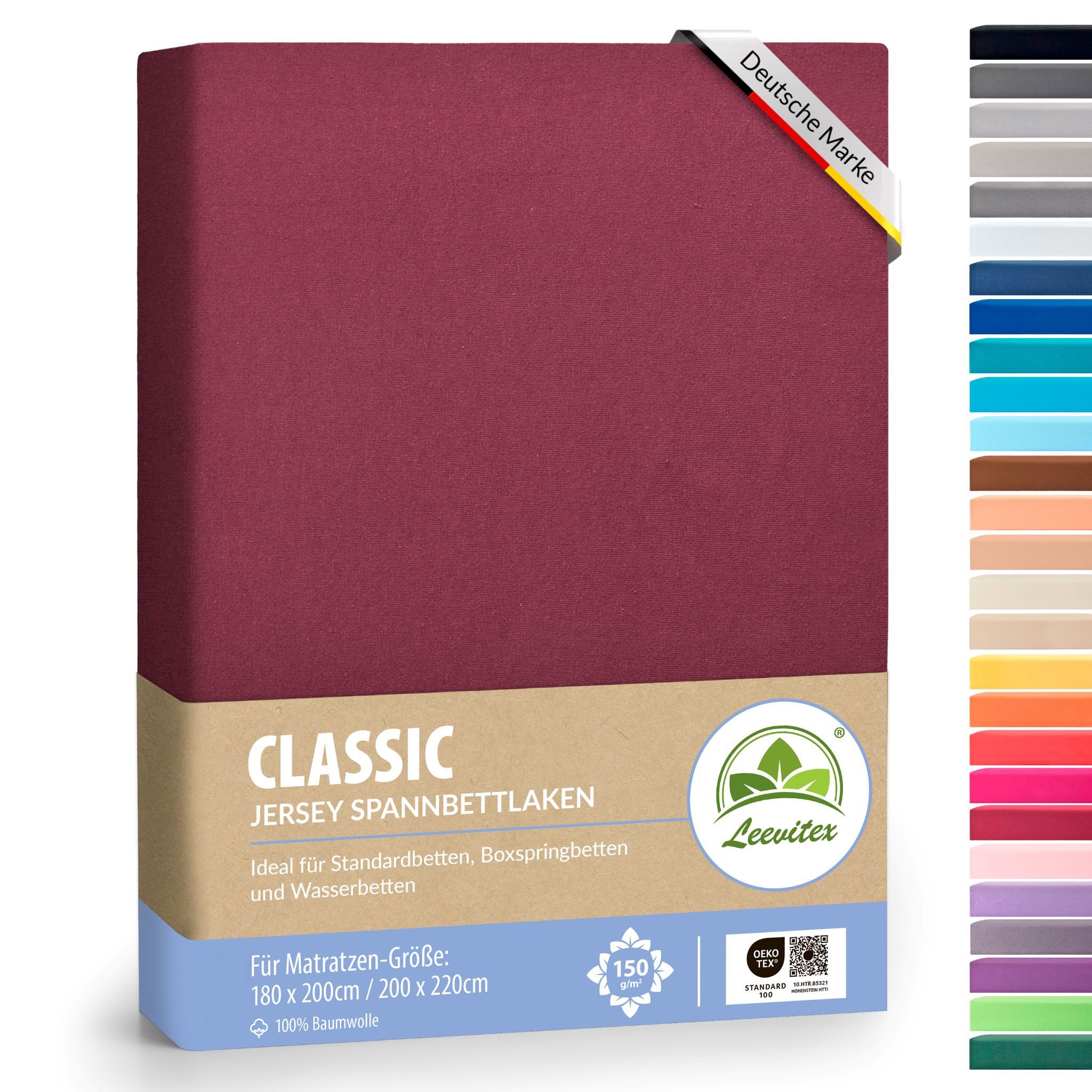 leevitex® Spannbettlaken 180x200 - 200x220 cm, 40 cm Steghöhe, Stoffdicke 150 g/m², Jersey, Gummizug: rundum, (1 Stück), OEKO-TEX® Standard 100 Zertifikatsnummer 10.HTR.85321 zertifiziert