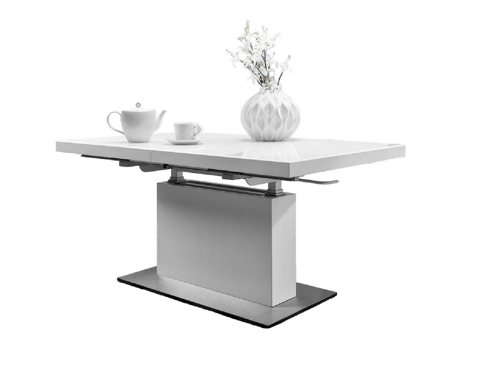 designimpex Couchtisch Design MN-3 Weiß Seidenmatt Weißglas höhenverstellbar & ausziehbar