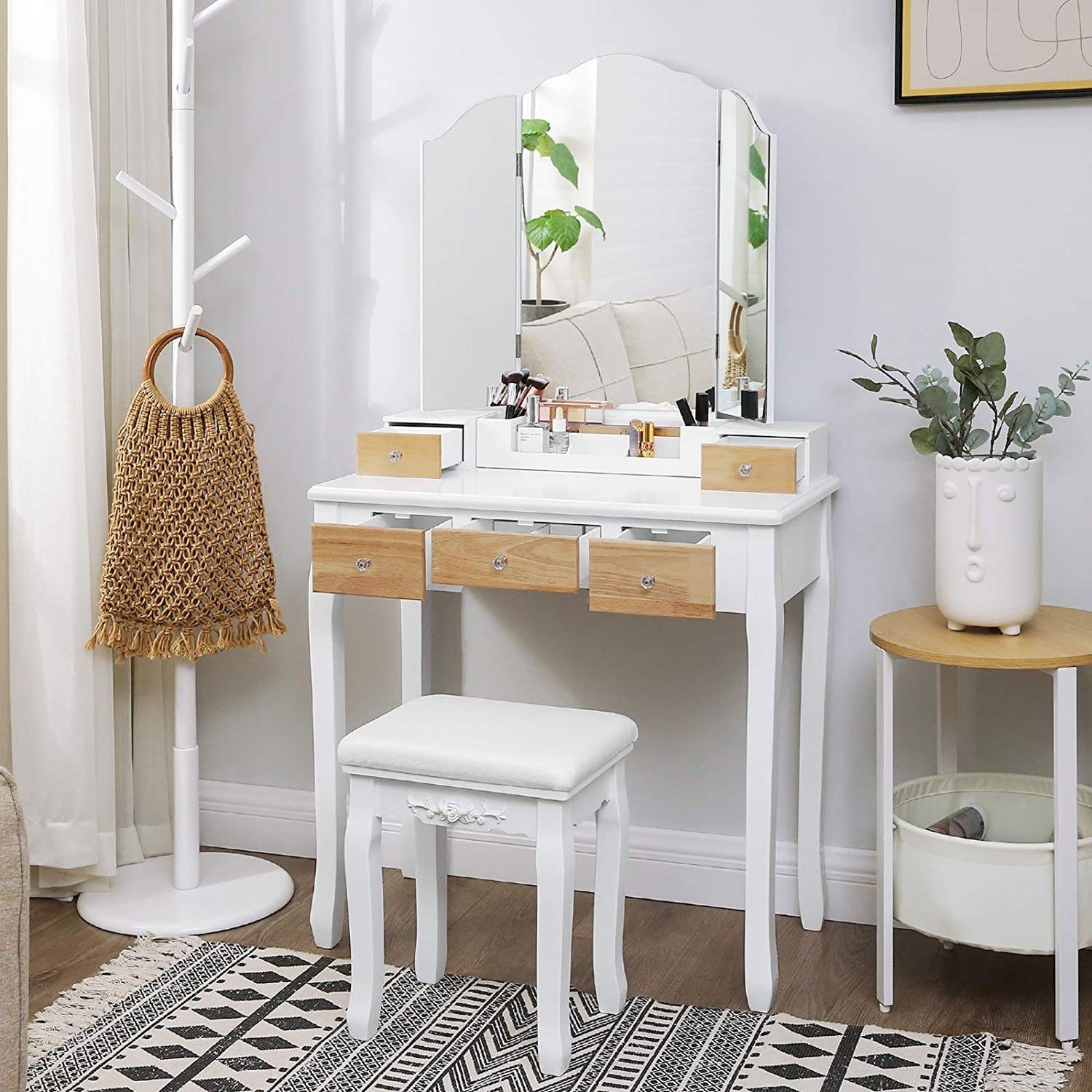 VASAGLE Schminktisch, Frisiertisch mit Klappspiegel und 5 Schubladen, Hocker