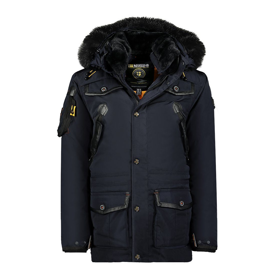 Geographical Norway Winterjacke Acrobate fleecegefütterte Kapuze mit abtrennbarem Kunstfellbesatz, auch in Großen Größen enthältlich, mit Stehkragen, warme gefütterte Herren Parka Navy