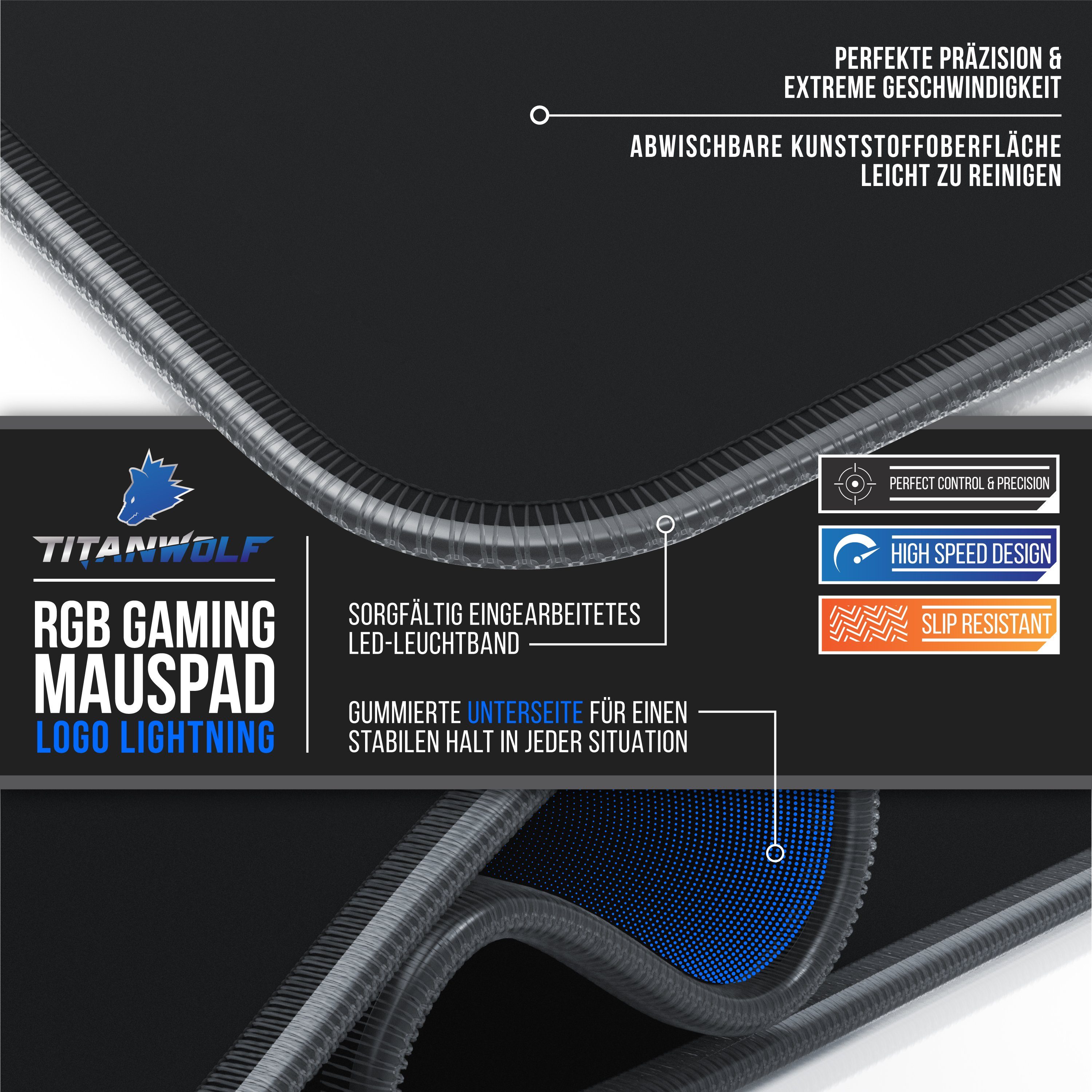 Titanwolf Gaming Mauspad RGB Mousepad 1200 x 600 x 3 mm, LED Multi Color XXXL Tischunterlage (1-St), rutschfest, abwaschbar, Geschwindigkeit & Präzision, Titanw – Bild 3 von 5