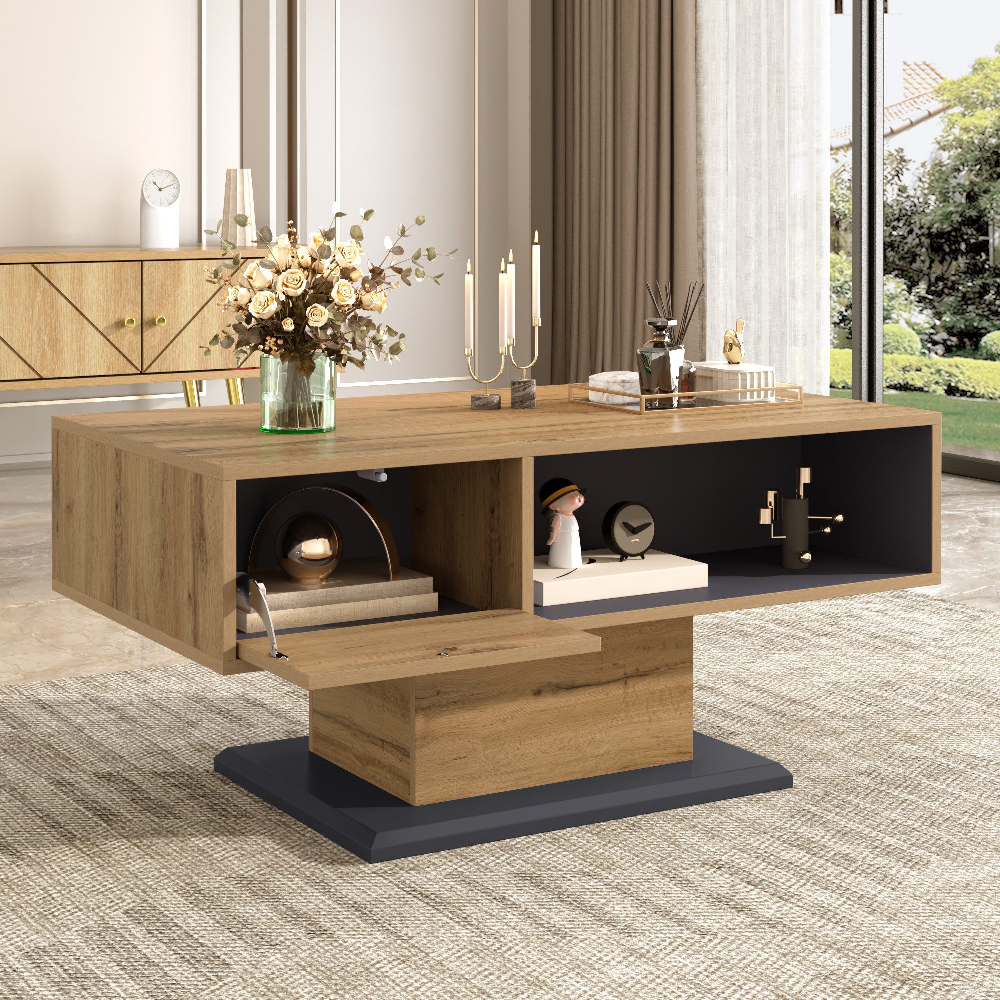 Merax Couchtisch in Holzoptik mit großer Ablagefläche (1-St), Wohnzimmertisch mit doppelseitigem Stauraum & Innenfach, 100x50x46,5cm – Bild 2 von 5