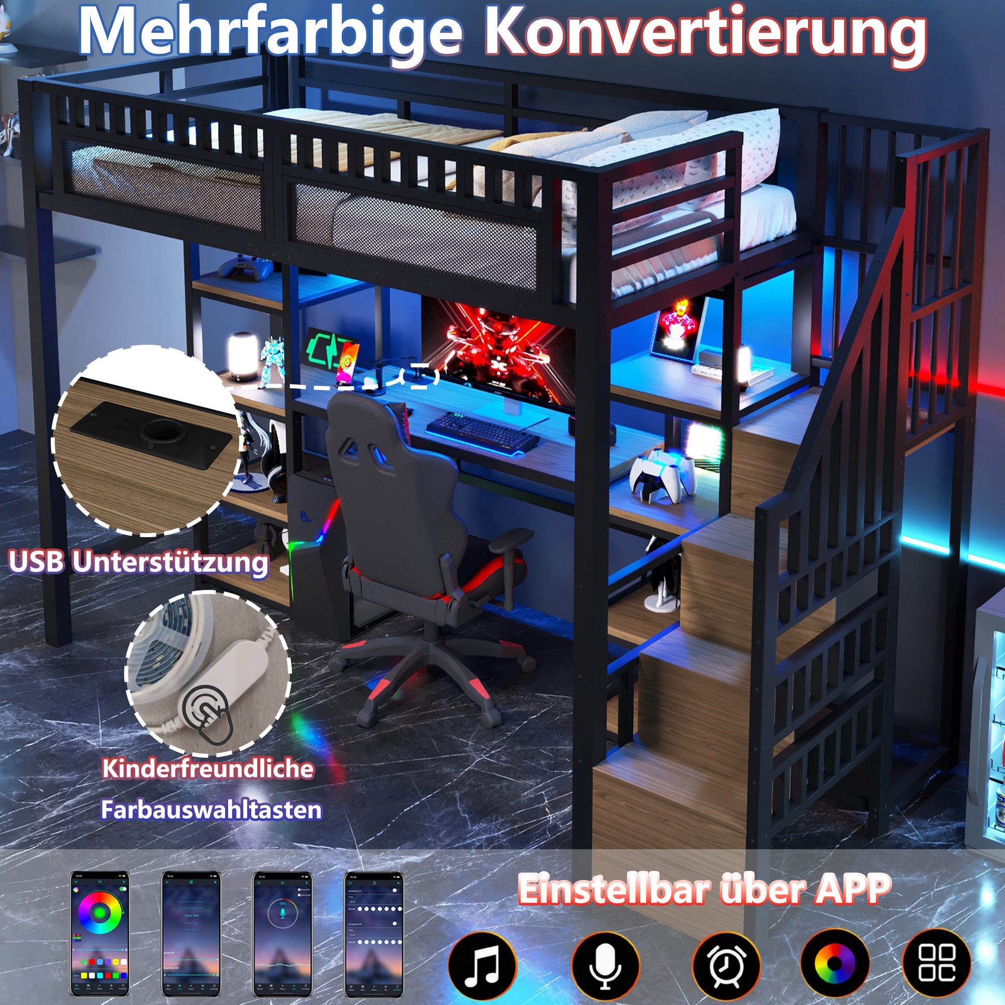 Odikalo Hochbett Kinderbett Jugendbett 90x200 140x200 mit LED und Schreibtisch (Eisenrahmen, Ablagefach, Leiter mit Stauraum, Schreibtisch, LED-Lichtleiste, USB-Anschluss inklusive, ohne Matratze, schwarz / weiß)