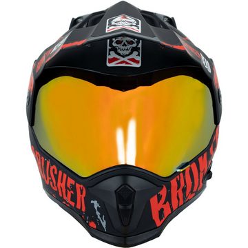 Broken Head Motorradhelm Bone Crusher Rot mit verspiegeltem roten Visier (Mit rot verspiegeltem Visier), Mit auffälligen Design