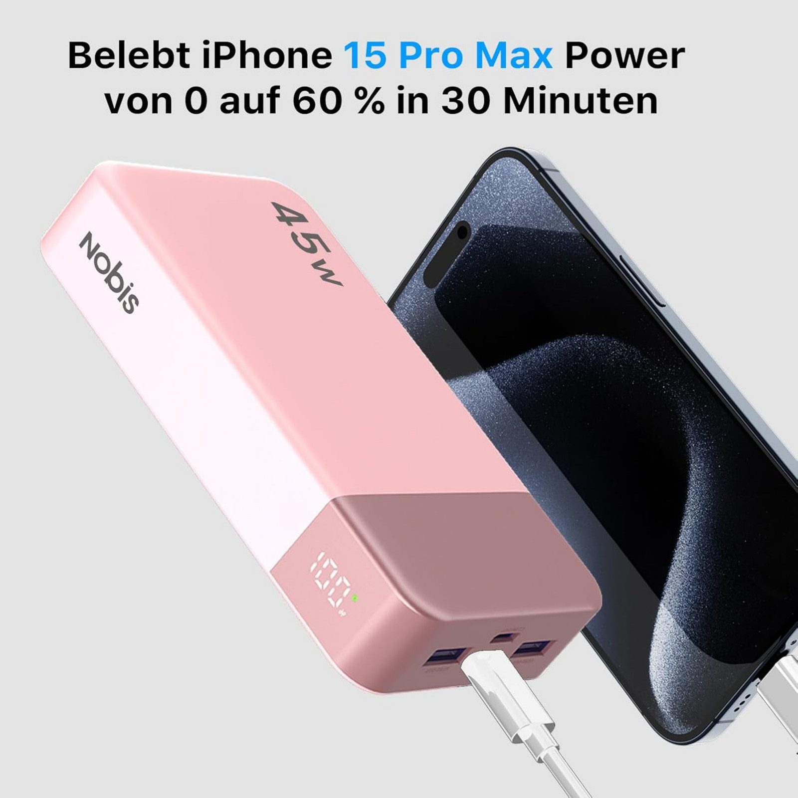 NOBIS Powerbank 20000mAh 45W Schnellladegerät Externer mit C zu C Kabel Powerbank 20000 mAh, power bank mit Digitalanzeige für Smartphone Laptop Tablet für Reisen