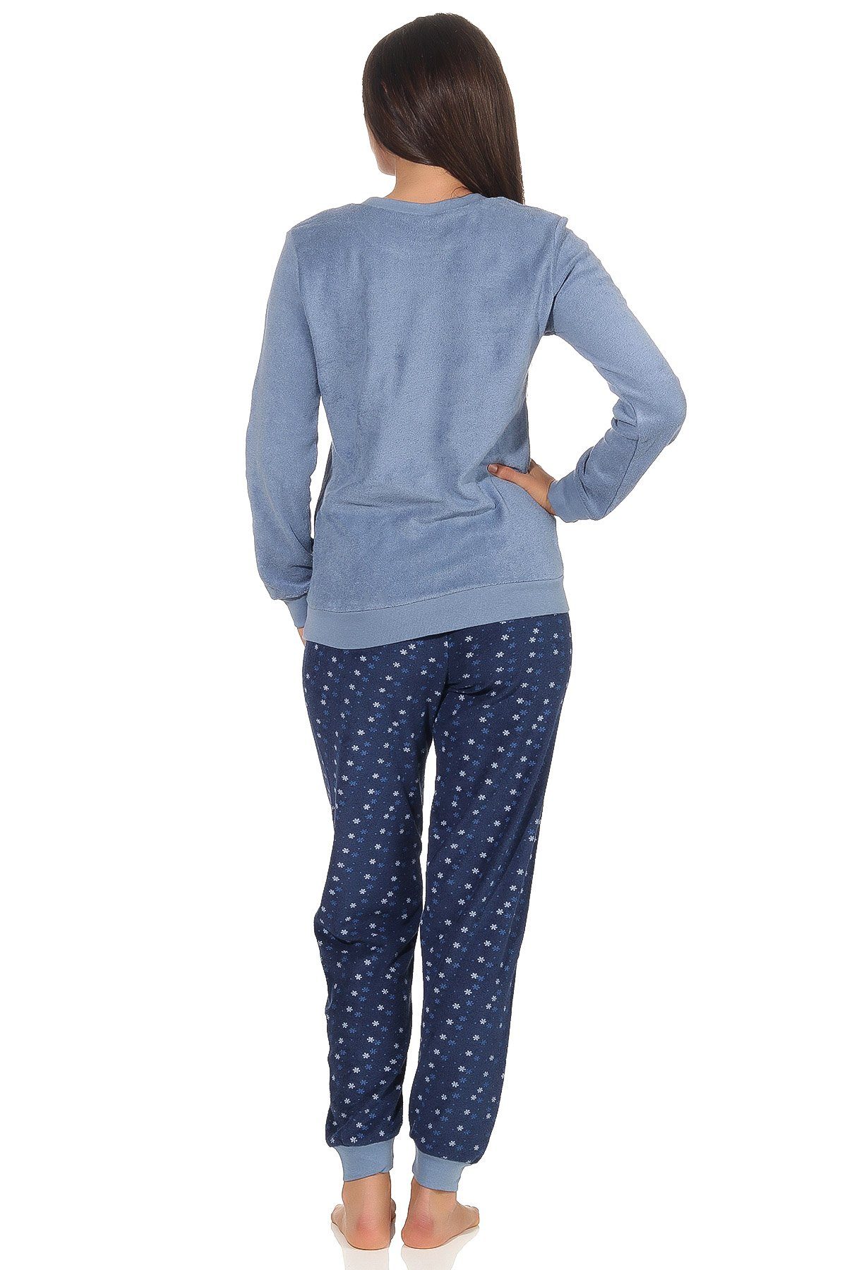 RELAX by Normann Pyjama mit Frottee Eiskristall Damen blau Bündchen Motiv Schlafanzug