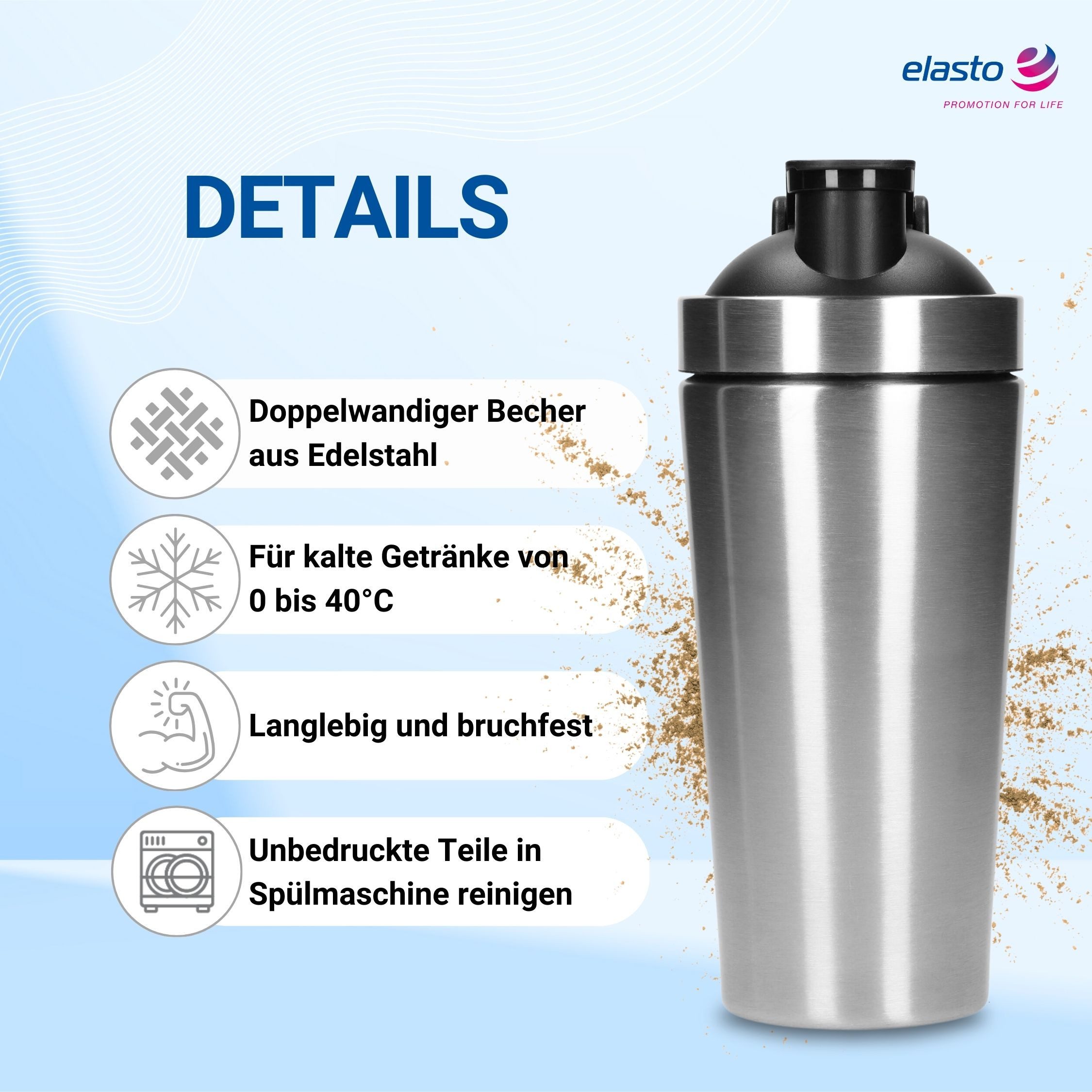 elasto Protein Shaker Protein Shaker Edelstahl 600 ml - auslaufsicherer Shaker mit Sieb, auslaufsicher, doppelwandig, eiweiss shaker, Gym, bruchfest