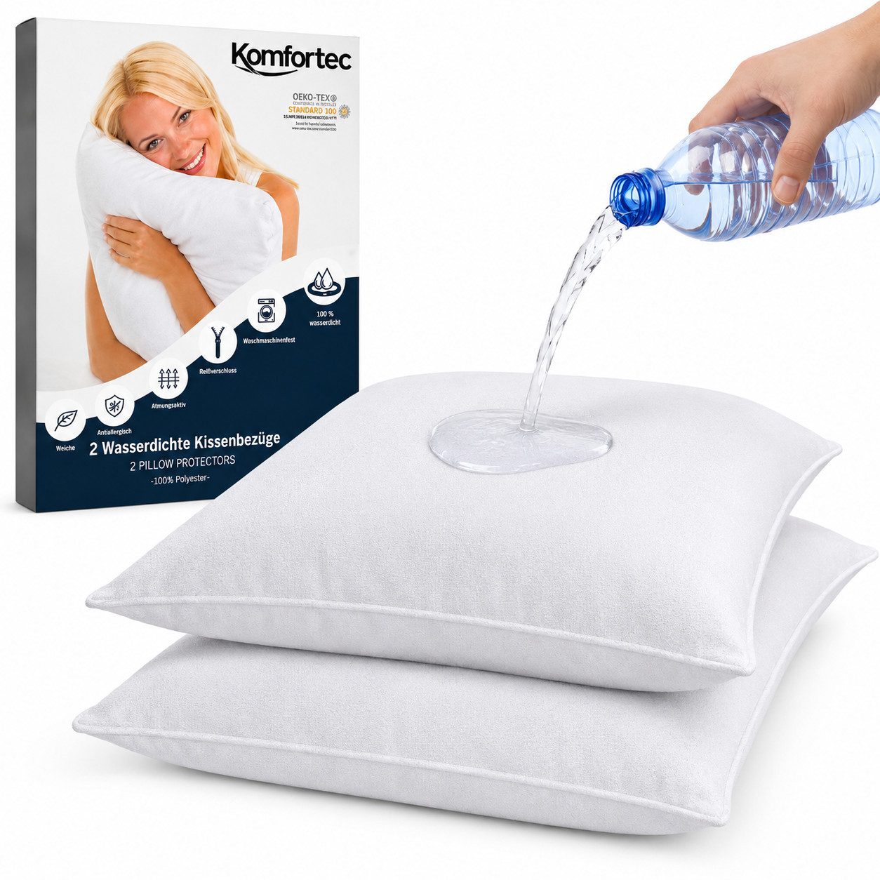 Komfortec Kissenbezüge Wasserdichter Kissenbezug Set, Hypoallergen Kopfkissenbezüge, (2 Stück), 45x45 cm mit Reißverschluss, Atmungsaktiv, Anti-Milben Kissenschoner