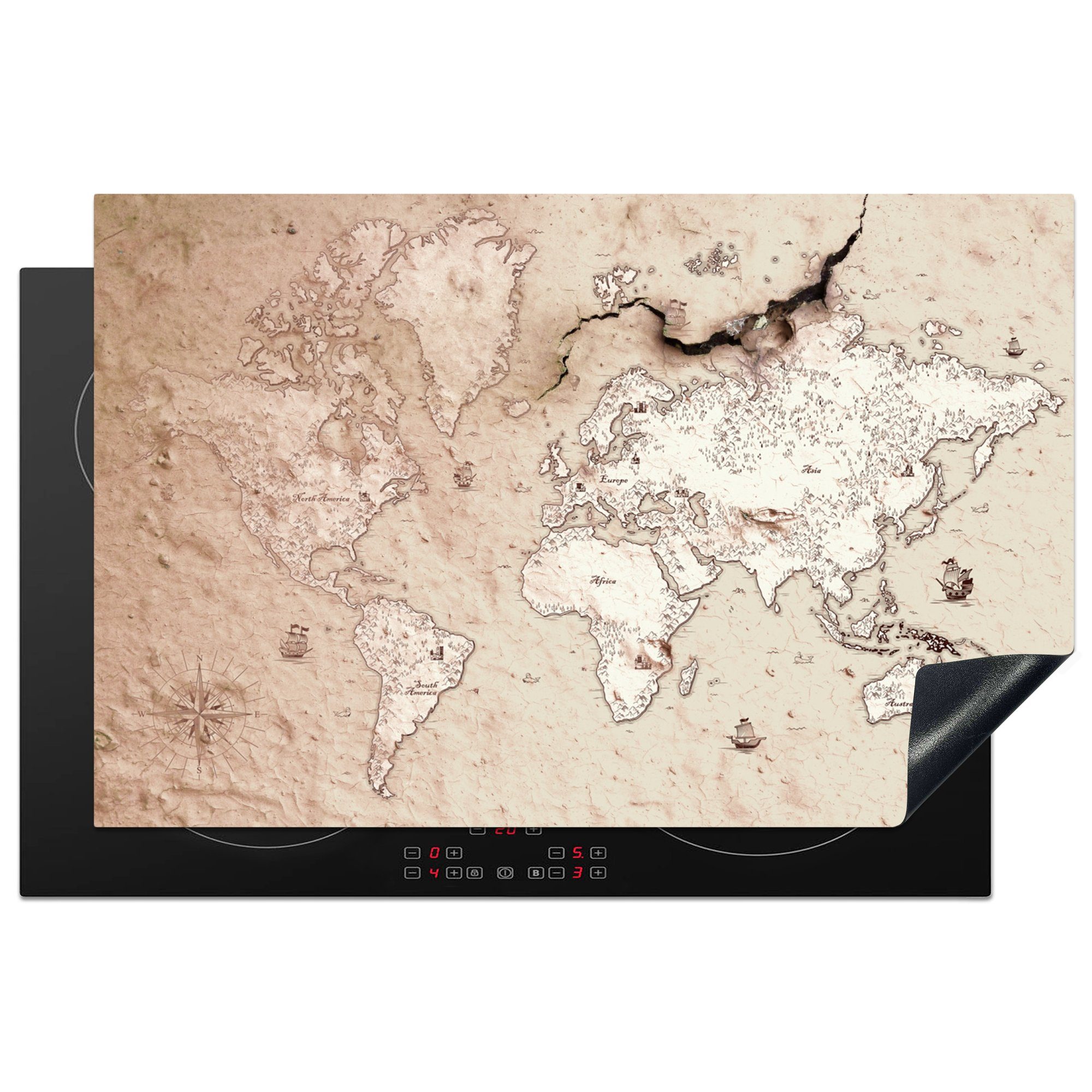 MuchoWow Herdblende-/Abdeckplatte Karte - Welt - Jahrgang, Vinyl, (1 tlg), 81x52 cm, Induktionskochfeld Schutz für die küche, Ceranfeldabdeckung