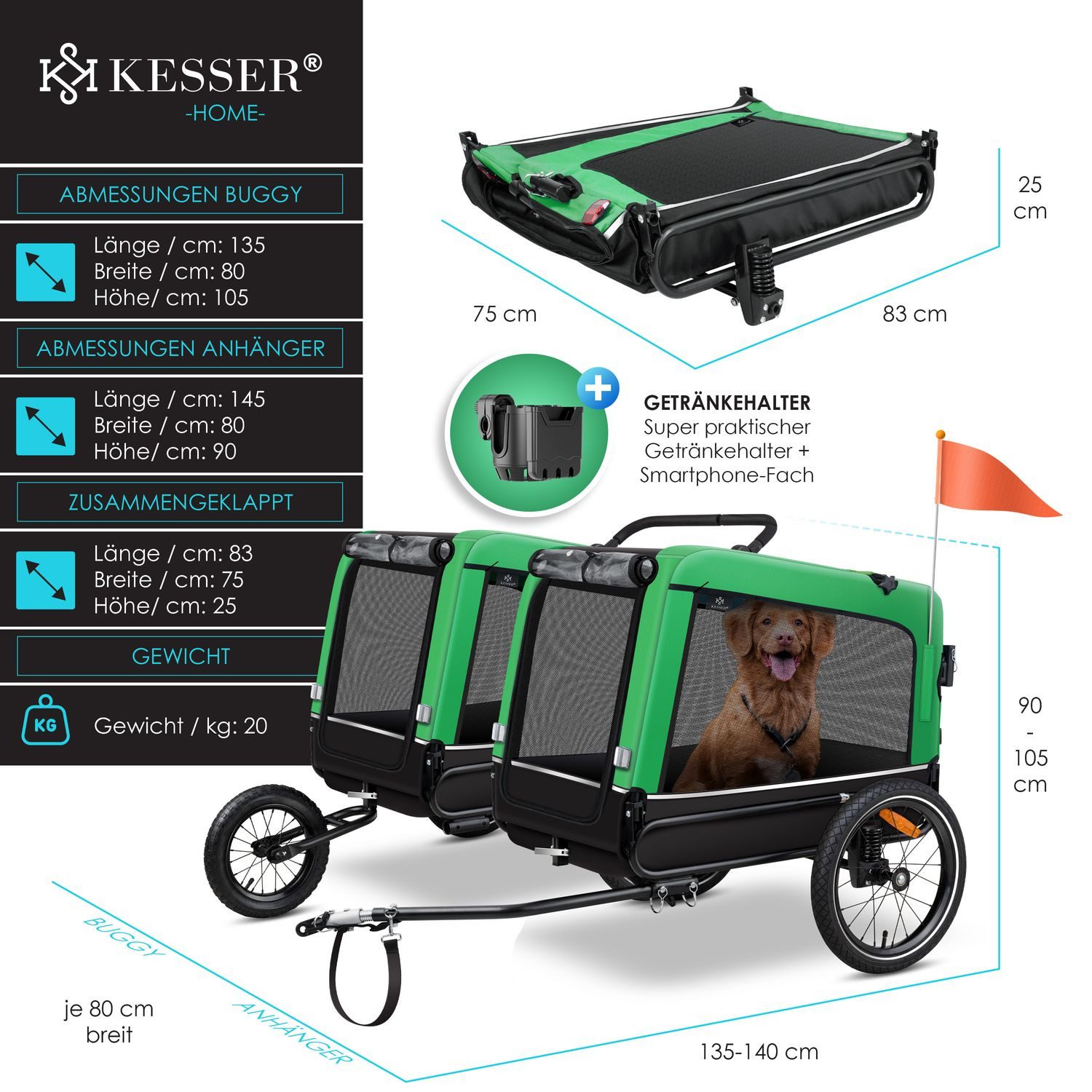 KESSER bicycle dog trailer, dog trailer Boxer 3-in-1 dog buggy jogger bicycle trailer
