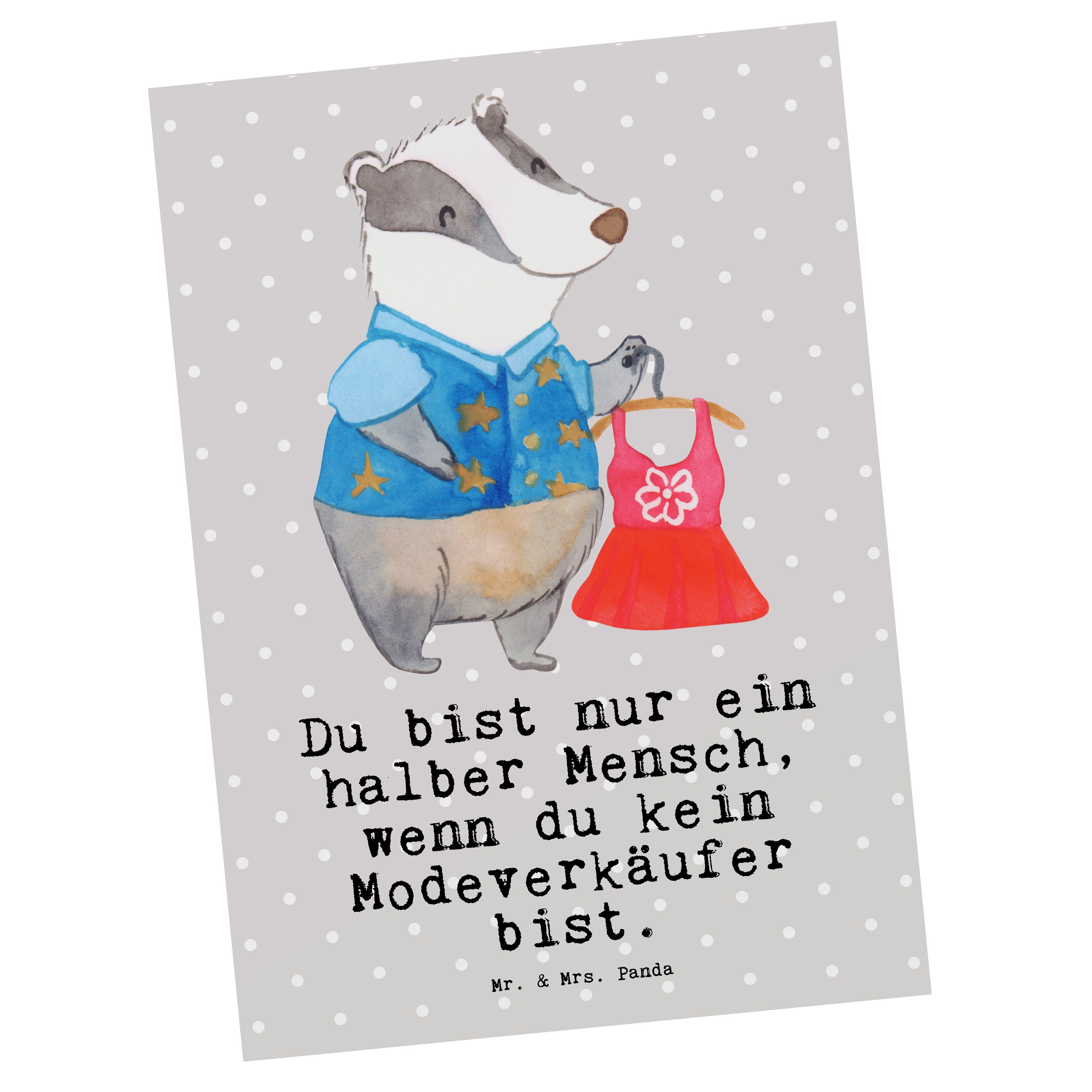 Mr. & Mrs. Panda Postkarte Modeverkäufer mit Herz - Grau Pastell - Geschenk, Geburtstagskarte, A