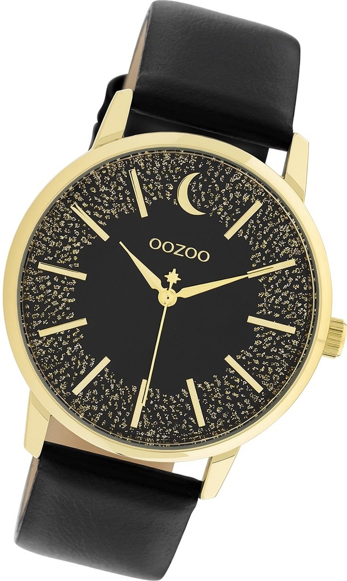 OOZOO Quarzuhr Oozoo Damen Armbanduhr Timepieces, Damenuhr Lederarmband schwarz, rundes Gehäuse, groß (ca. 40mm)
