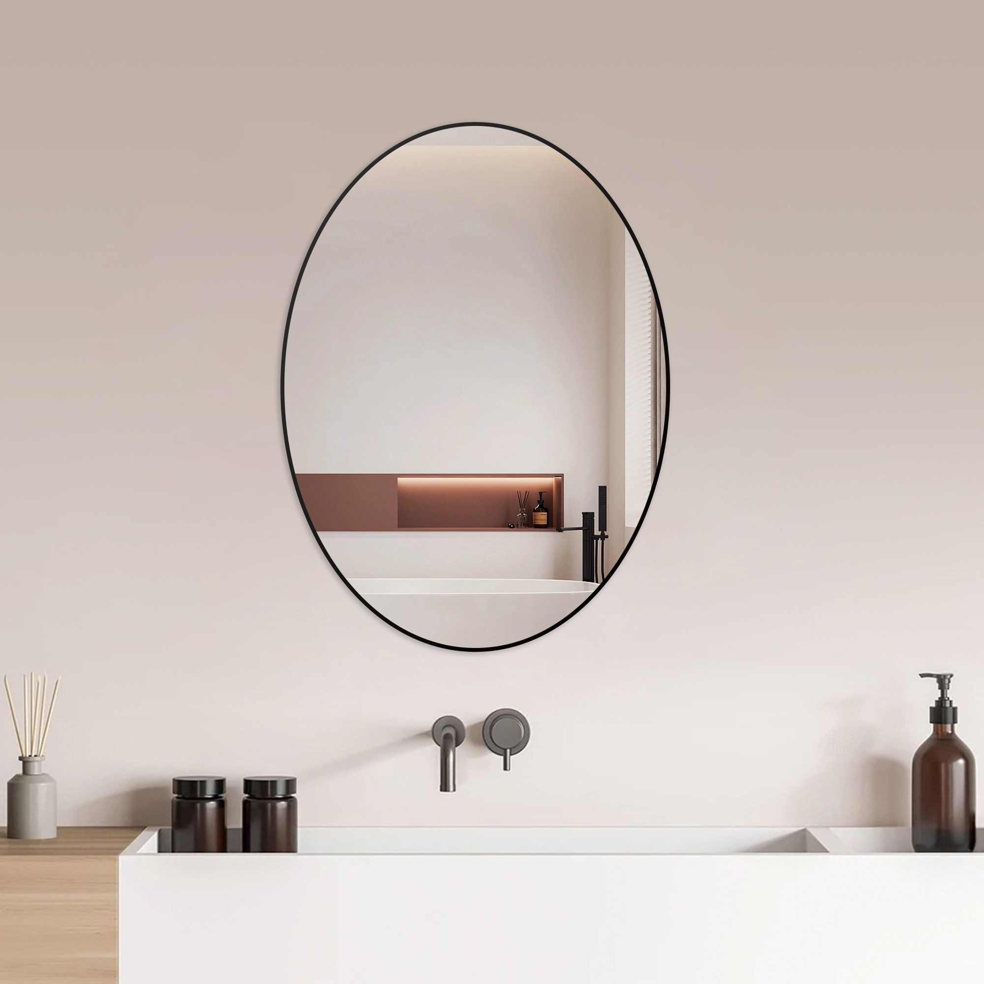 Hopibath Badspiegel mit Alurahmen Wandspiegel Schwarz (Oval, 50x70, 80x60cm), 5mm Bleifreier Spiegel, mit explosionsgeschützte membran