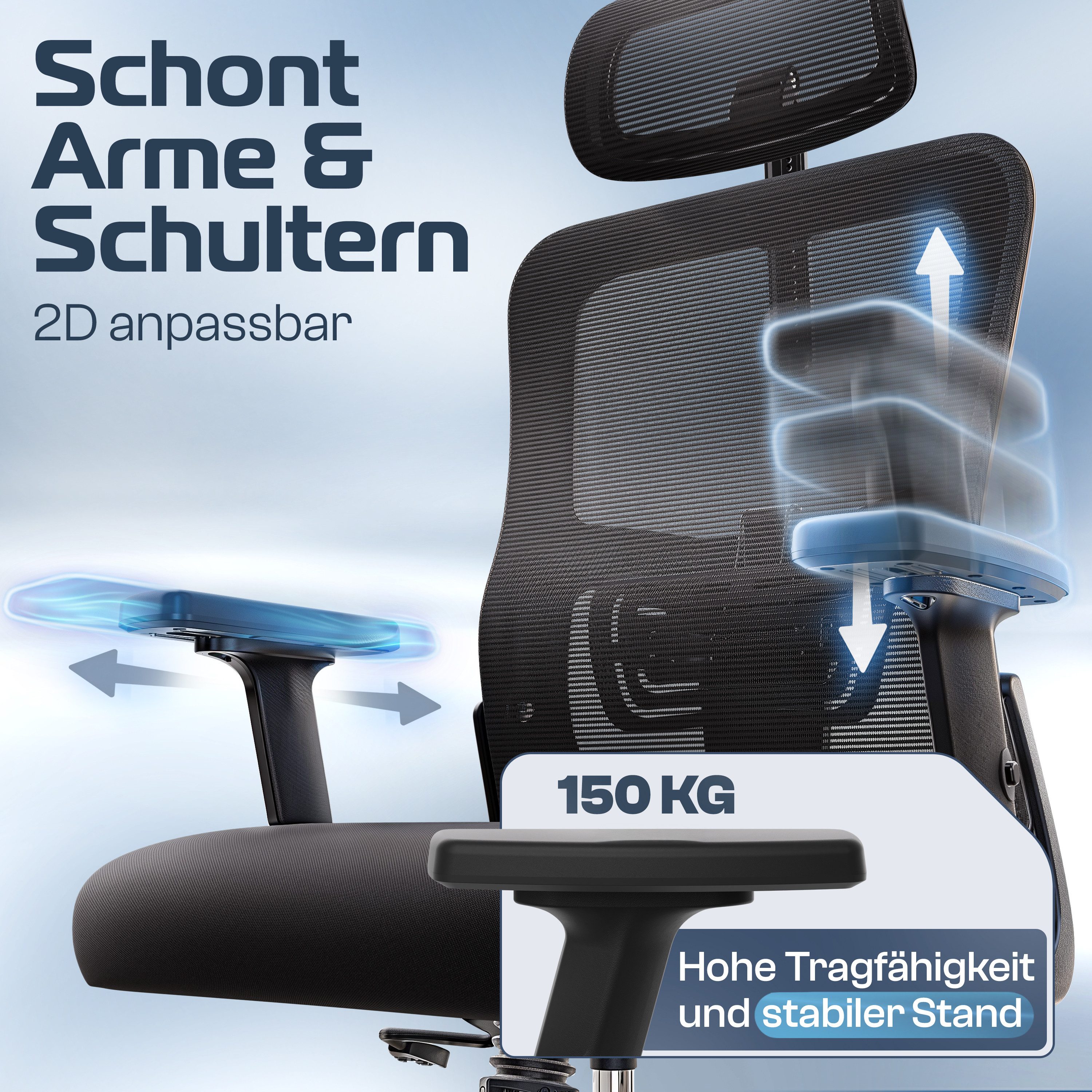 CLOUVOU Bürostuhl Ergonomisch, Schreibtischstuhl bis 150 kg - Testsieger (BrightSeat - Chefsessel für Arbeitszimmer, 2D Armlehne), Blade Wheels, Homeoffice, Gaming Stuhl, Drehstuhl