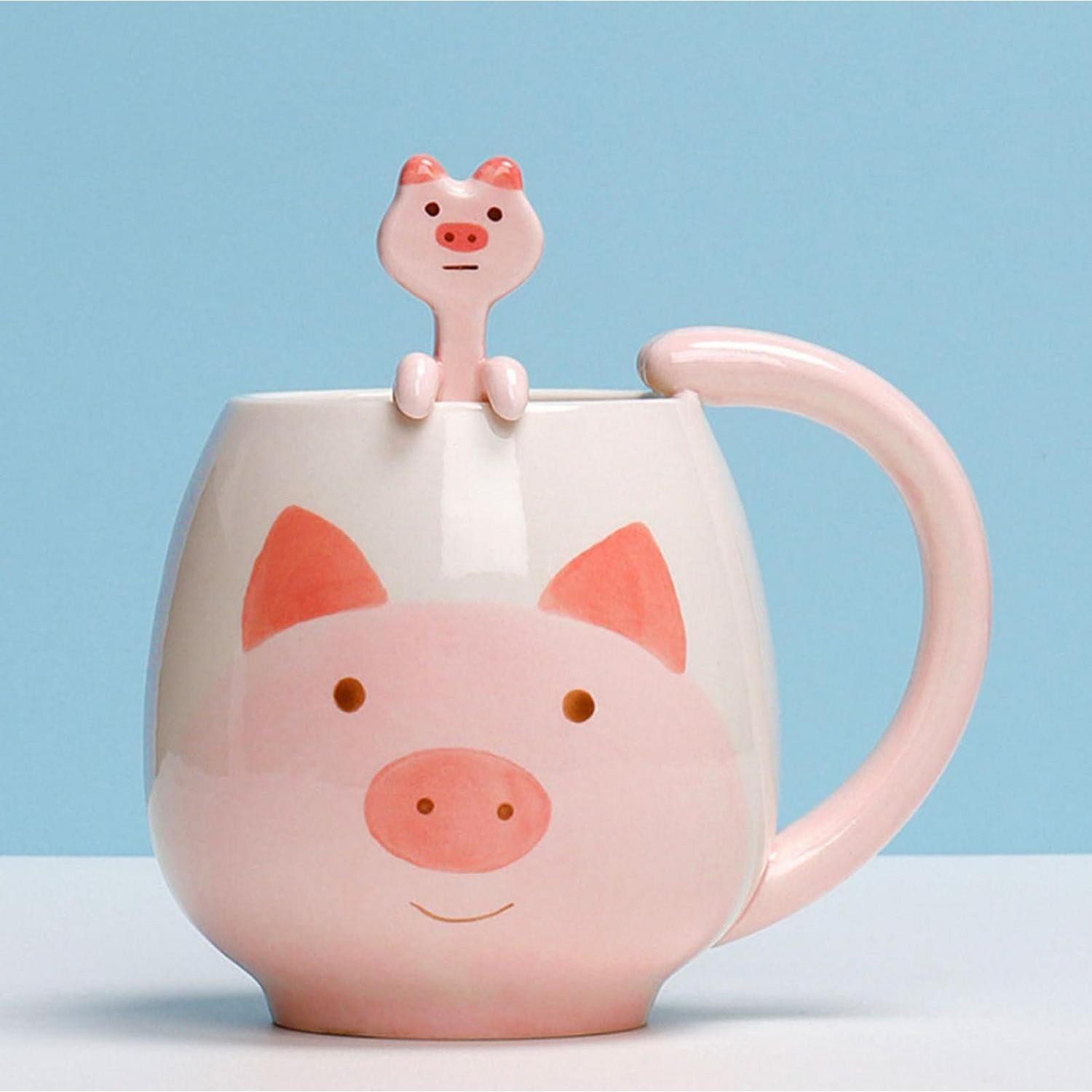 LuxusKollektion Cappuccinotasse Schwein Tasse mit Löffel Keramik Kinder Milchbecher, Keramik