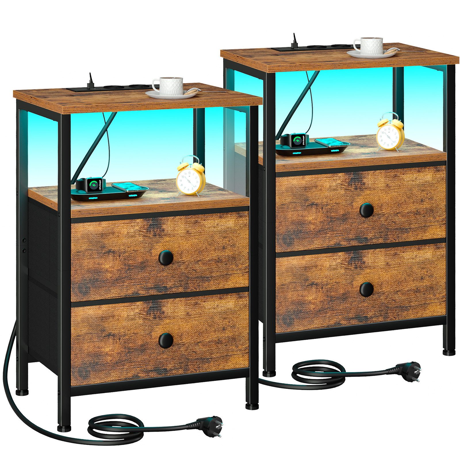 AMHANCIBLE Nachttisch 2er-Set mit integrierter Ladestation, LED-Beleuchtung & 2 Schubladen (2-St), multifunktionaler Beistelltisch mit offenem Fach, 40x30x60cm